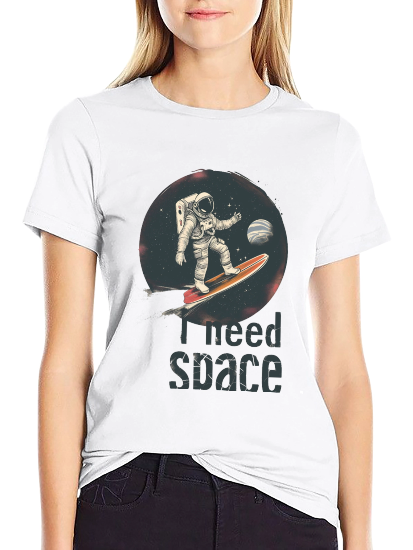 Black I Need Space T-Shirt - Astronaut Surfing Design view 9