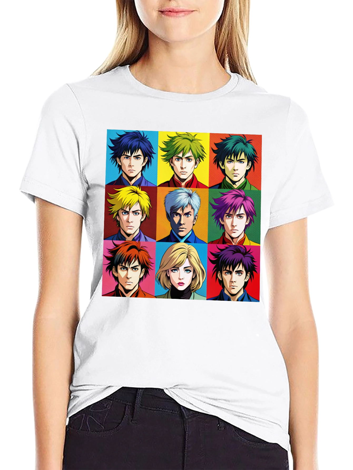 Black Anime Faces T-Shirt, Pop Art Design view 9