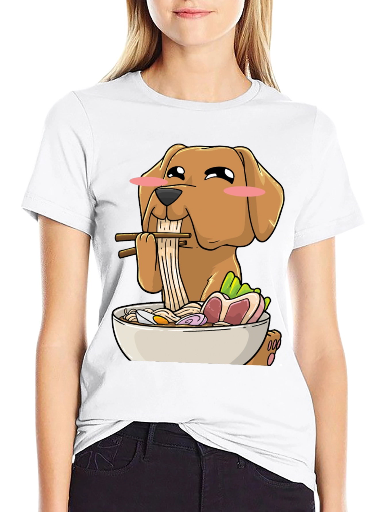 Black Dog Eating Ramen Funny T-Shirt view 9
