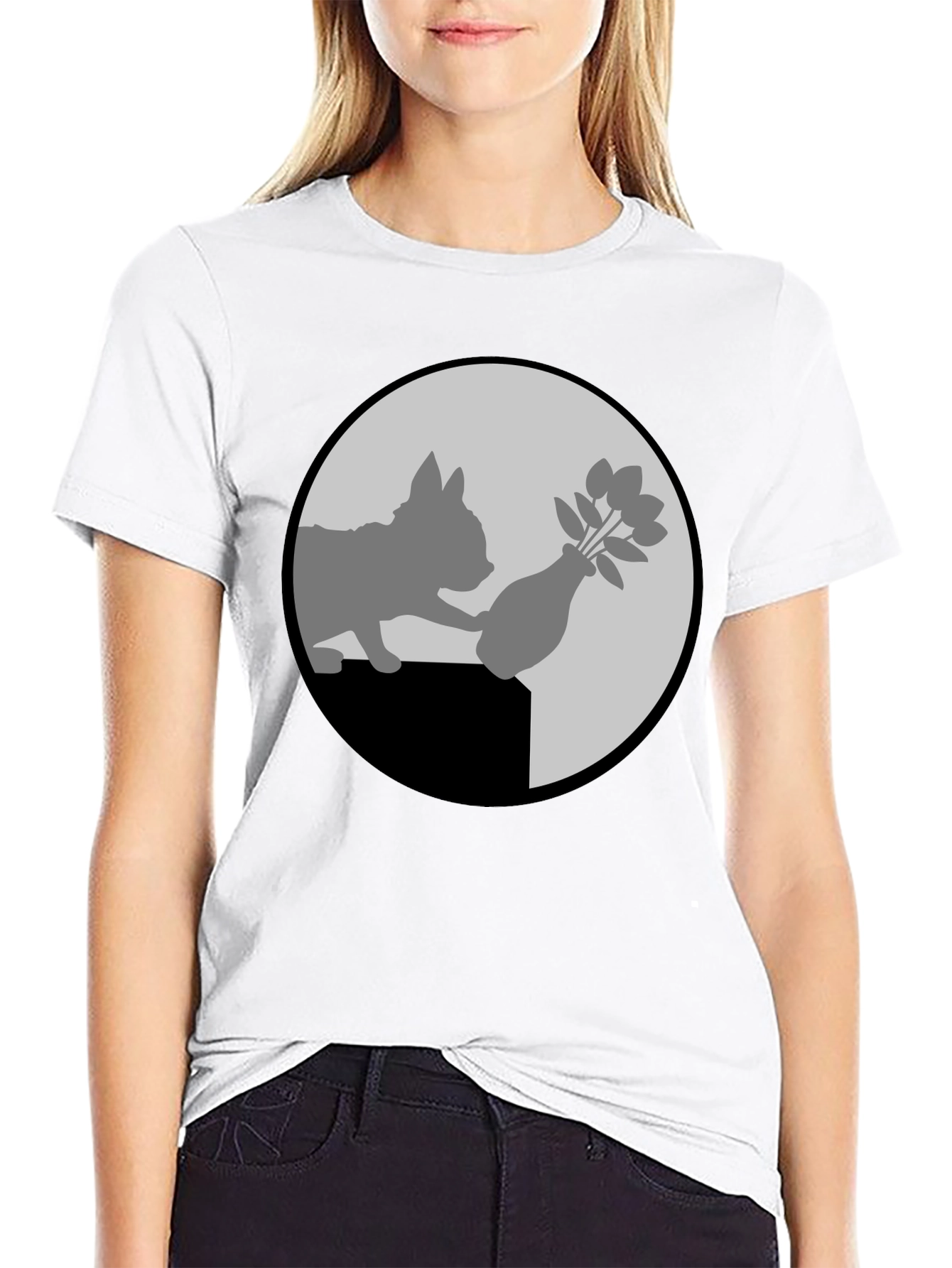 Black Cat & Vase Graphic Tee - Quirky Black T-Shirt view 9