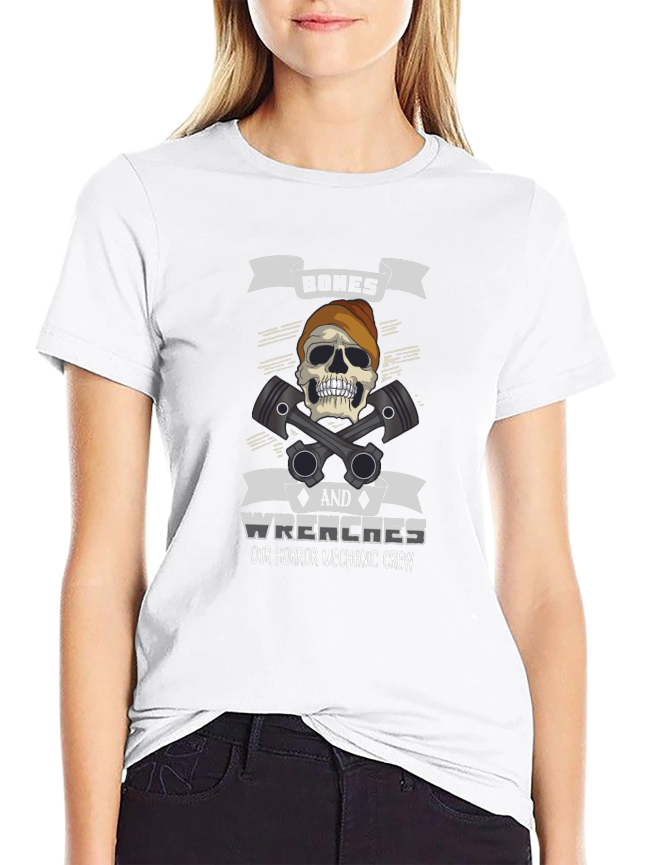 Black Bones & Wrenches Horror Mechanic Crew Black T-Shirt view 9
