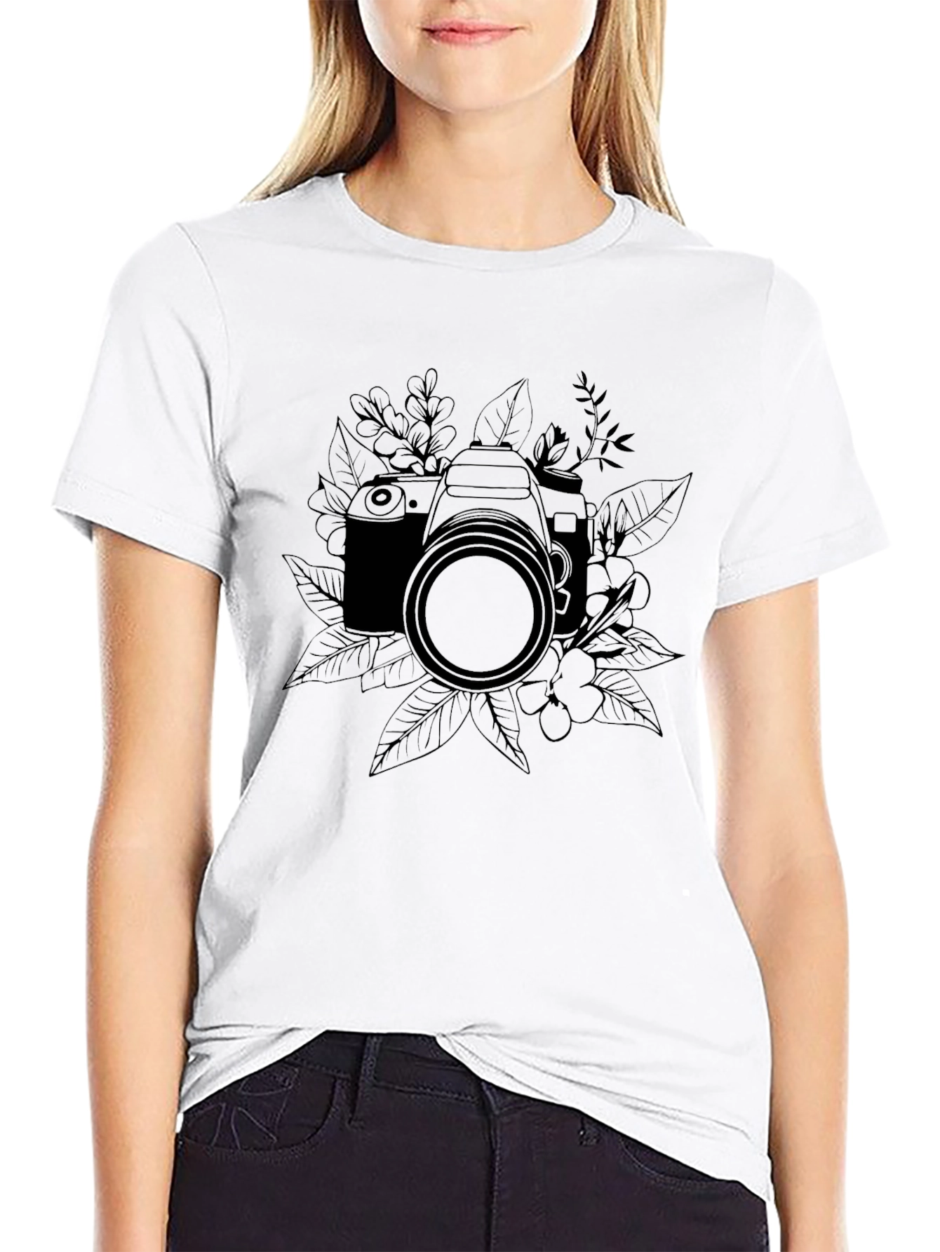 Black Camera & Floral Graphic Black T-Shirt view 9