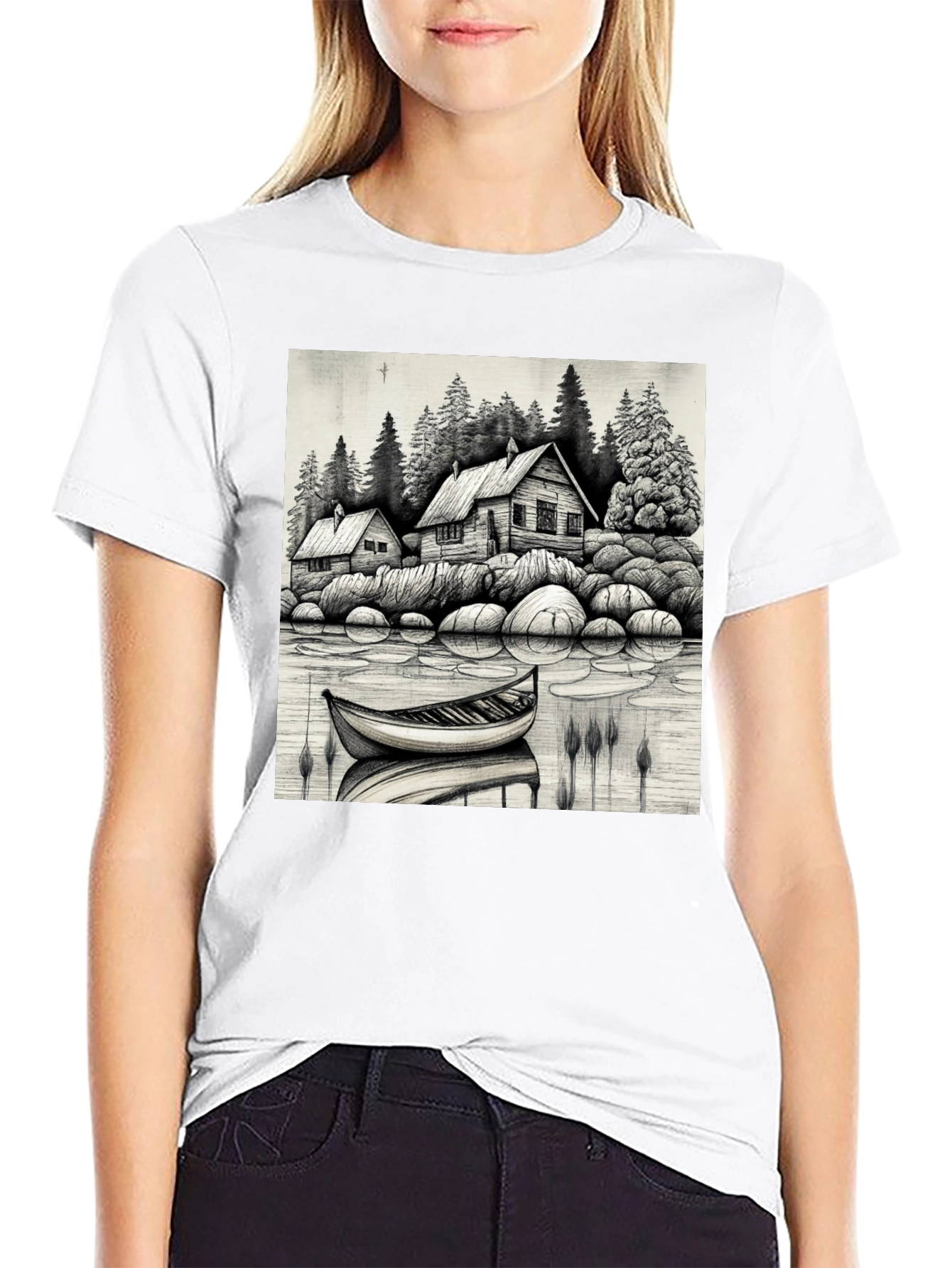 Black Cabin Lake Scene T-Shirt view 9