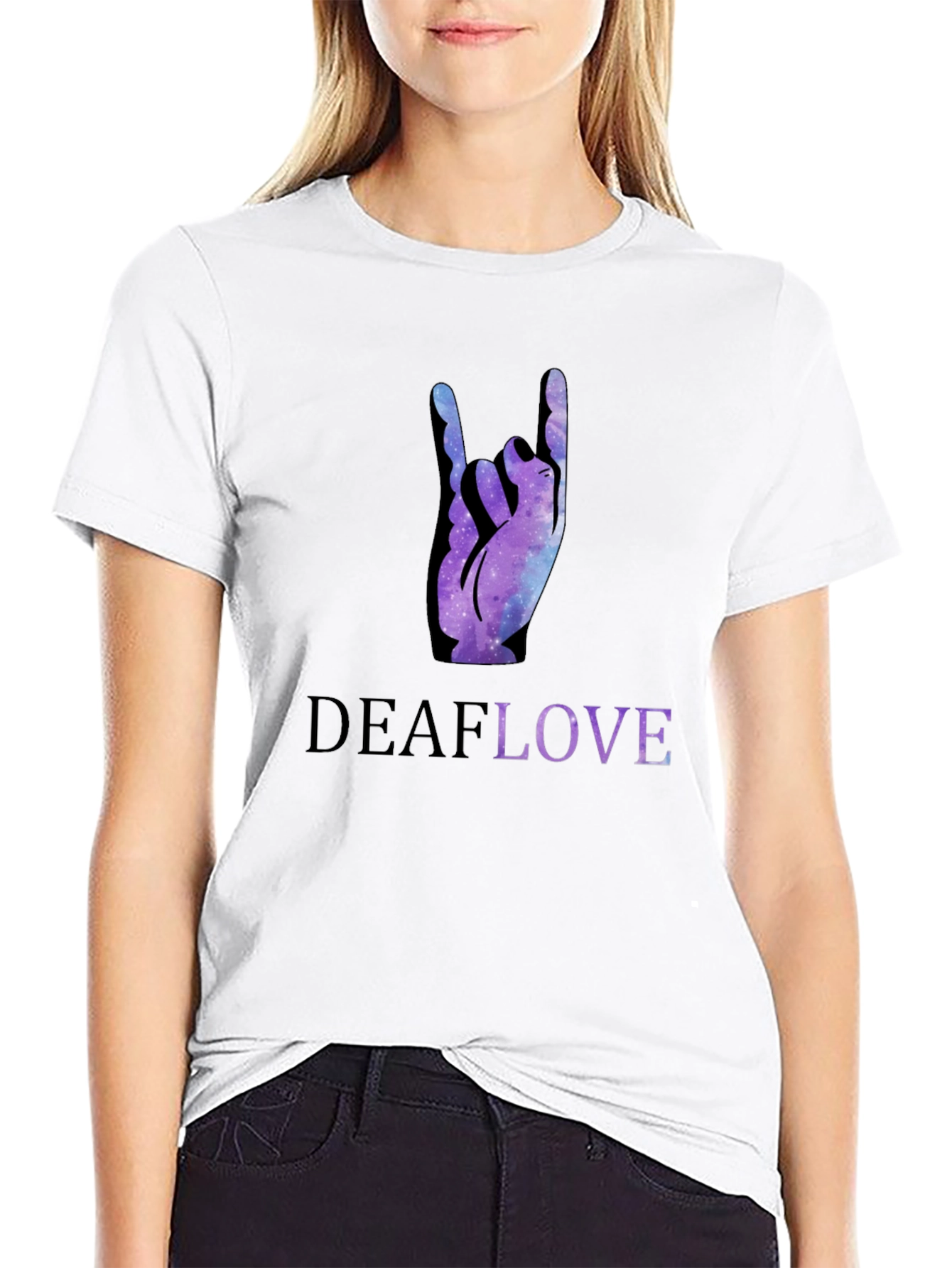 Black Deaf Love Galaxy Hand Sign Black T-Shirt view 9