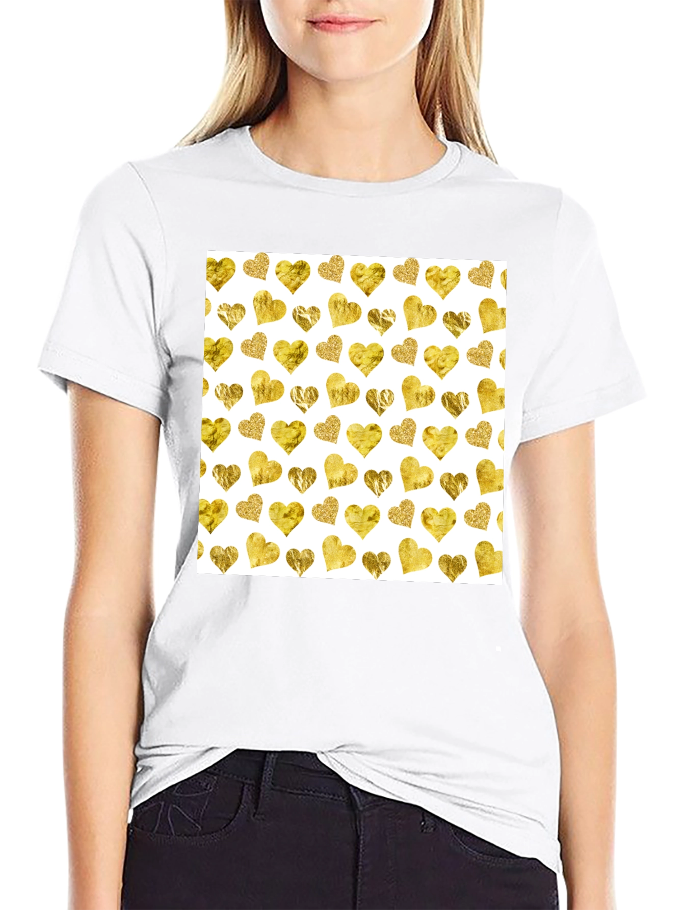 Black Gold Hearts Pattern Black Tee view 9