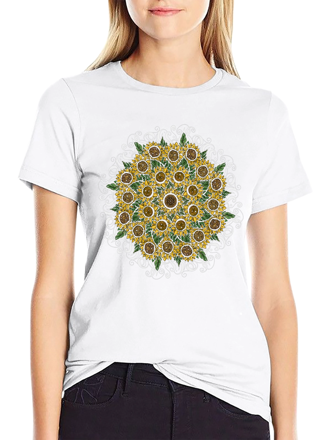 Black Sunflower Mandala Graphic Tee - Black view 9