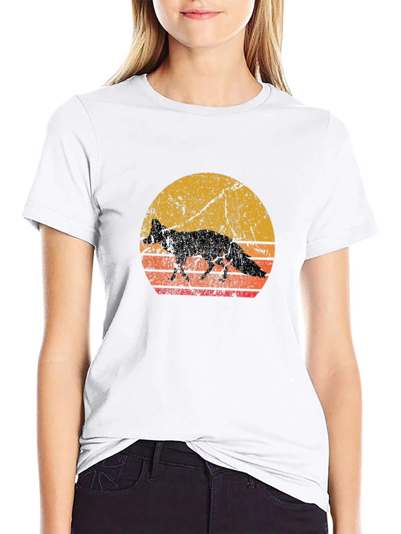 Black Retro Fox Sunset Graphic Tee - Black Cotton Blend view 9