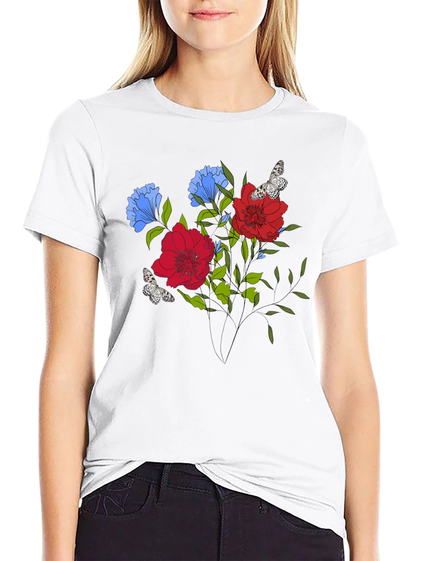 Black Floral Butterfly Graphic Print T-Shirt view 9