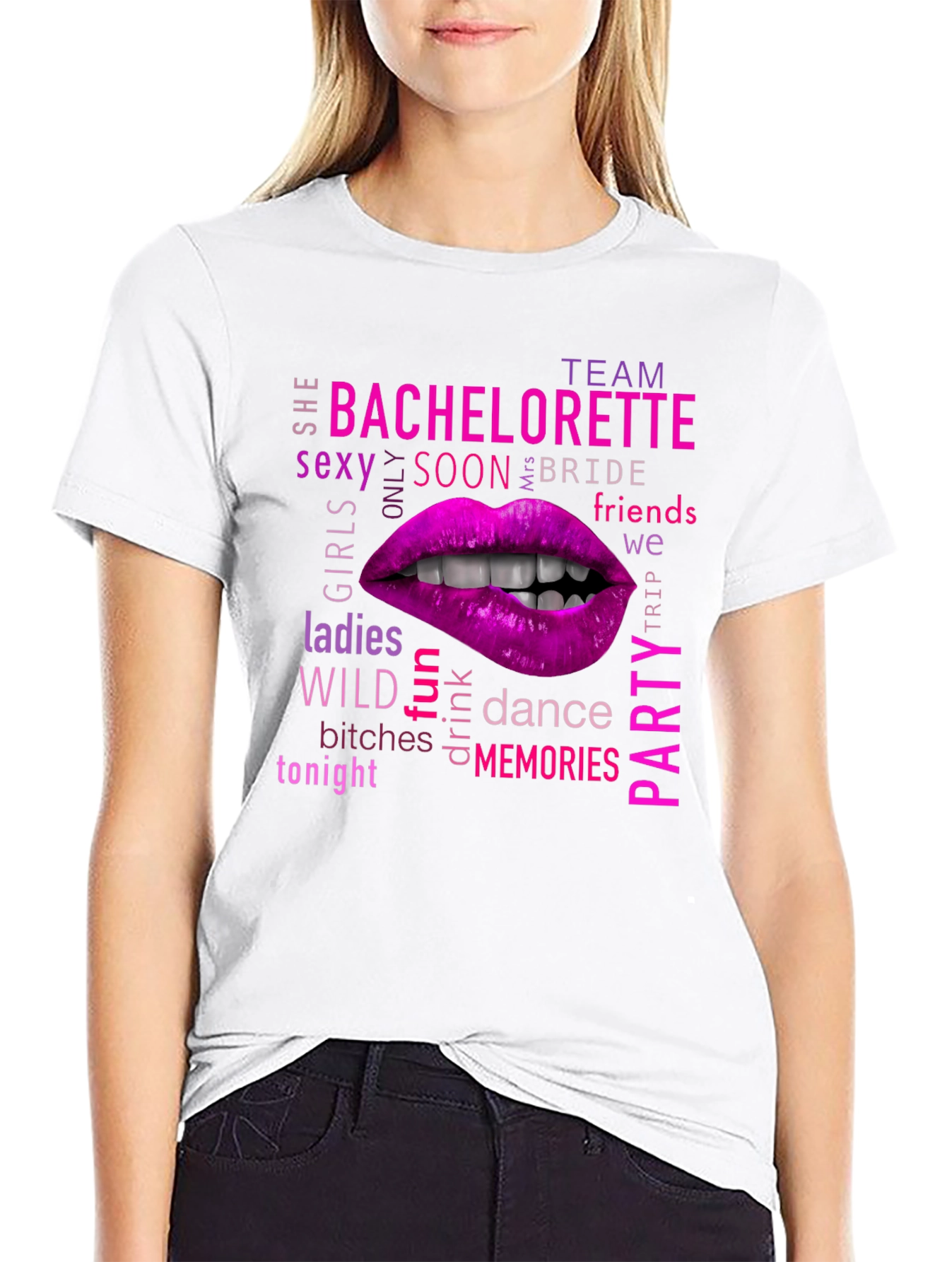 Black Bachelorette Party Lips Graphic T-Shirt view 9
