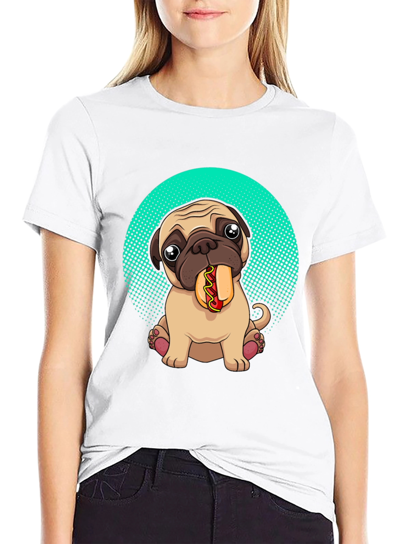 Black Pug Eating Hotdog Graphic T-Shirt - Cute Dog Tee view 9
