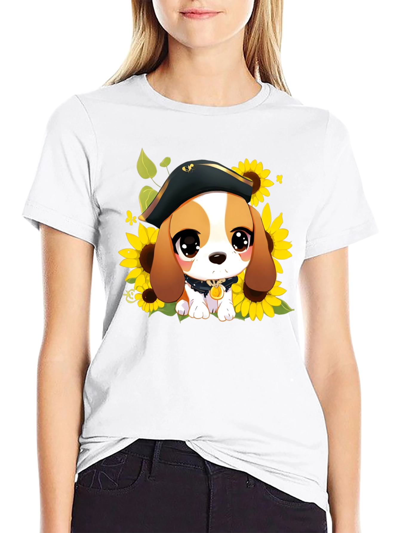 Black Cute Cartoon Beagle in Pirate Hat T-Shirt view 9