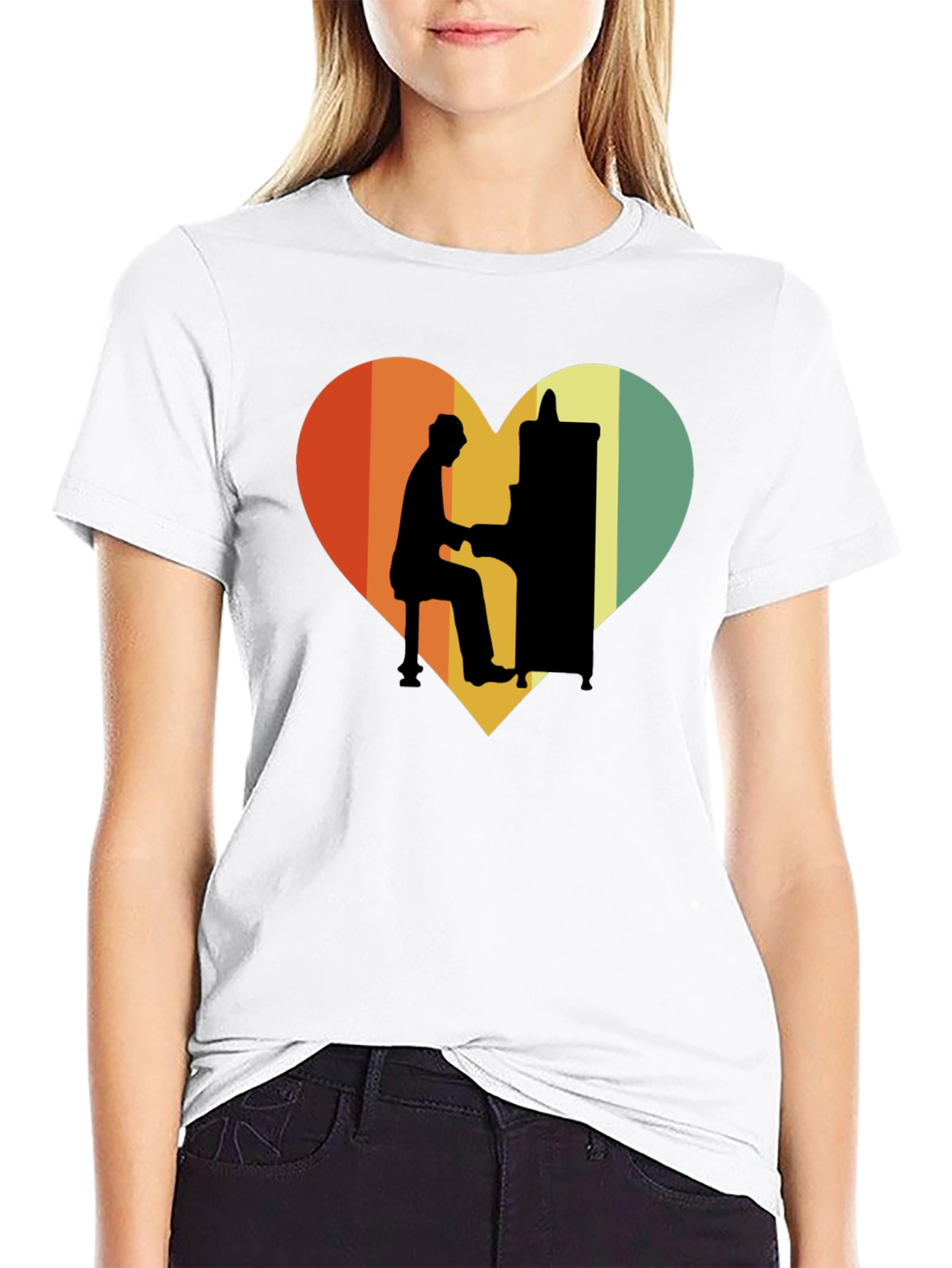 Black Retro Heart Piano Player Graphic T-Shirt view 9