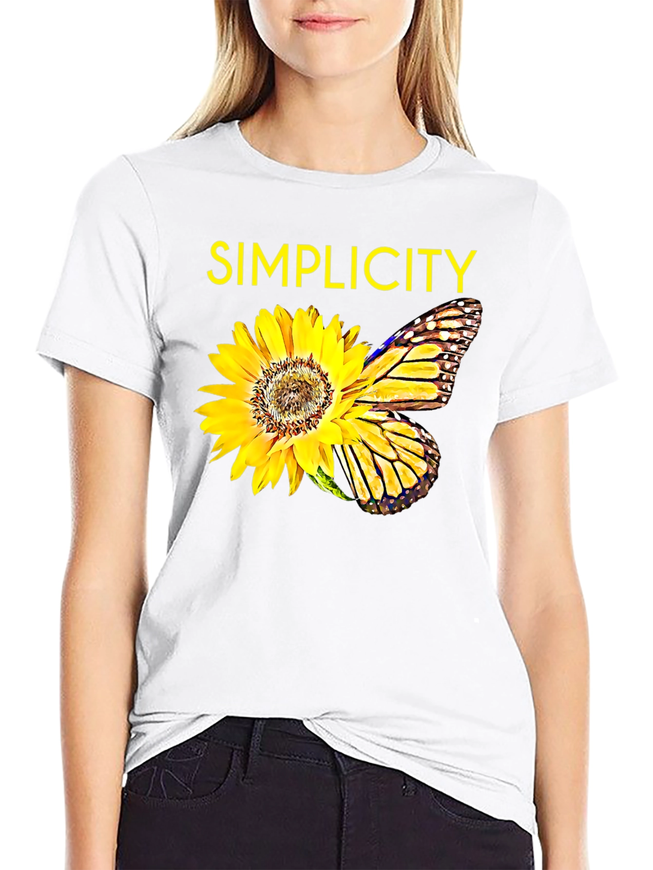 Simplicity Sunflower Butterfly Graphic Tee - Black - 9