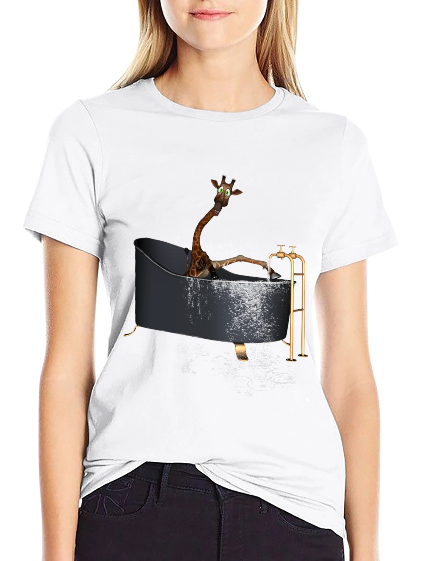 Black Giraffe in Bathtub Novelty T-Shirt view 9