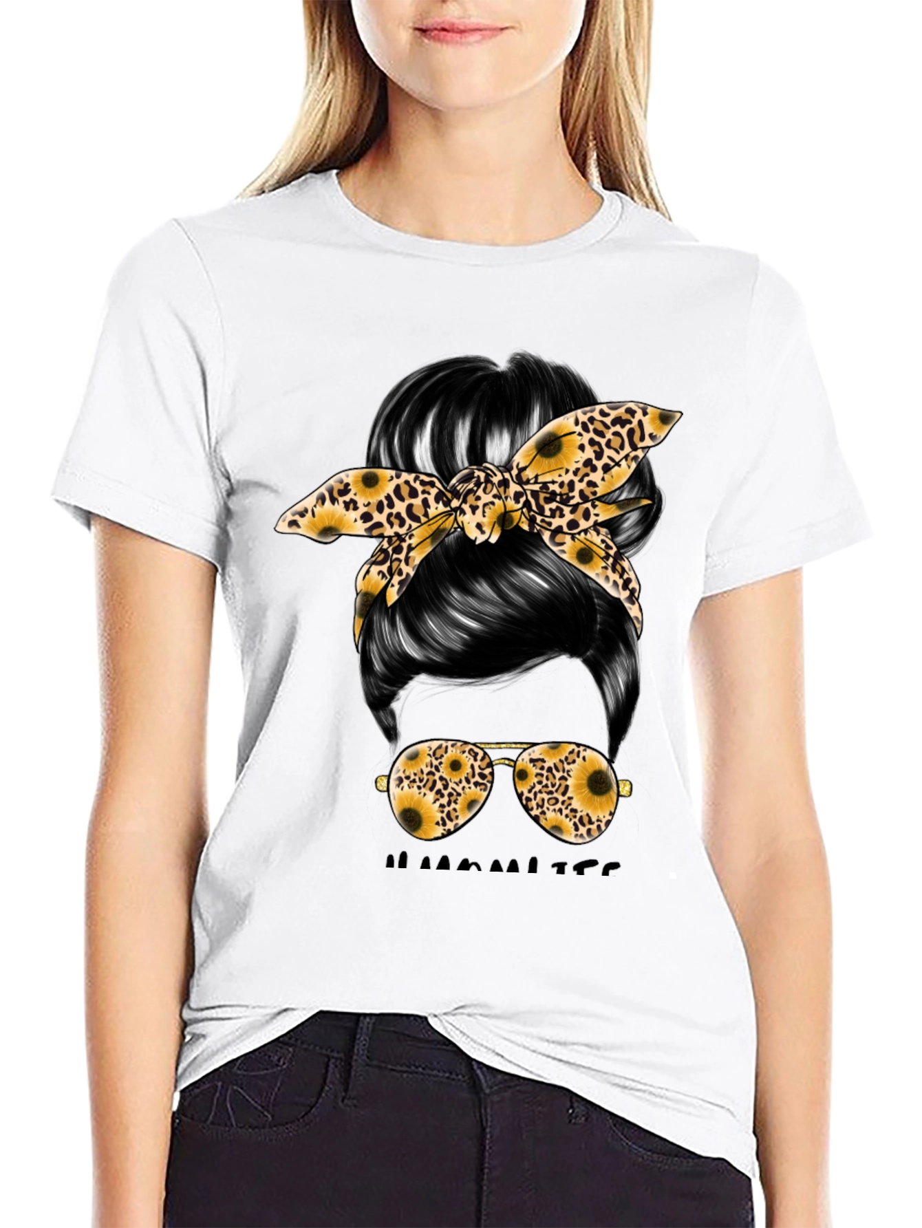 Black Messy Bun Sunflower Graphic Tee view 9