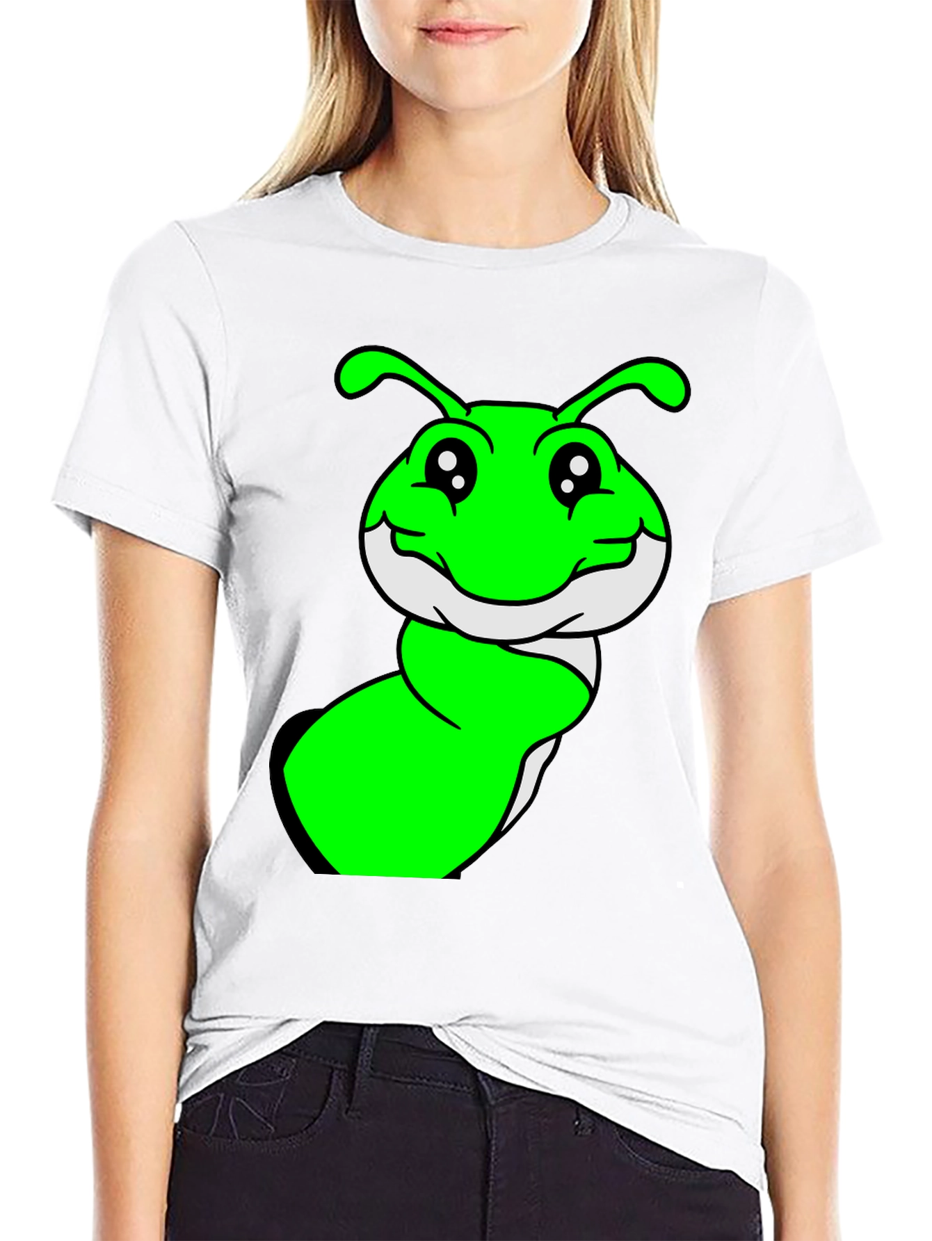 Black Green Cartoon Worm Graphic T-Shirt view 9