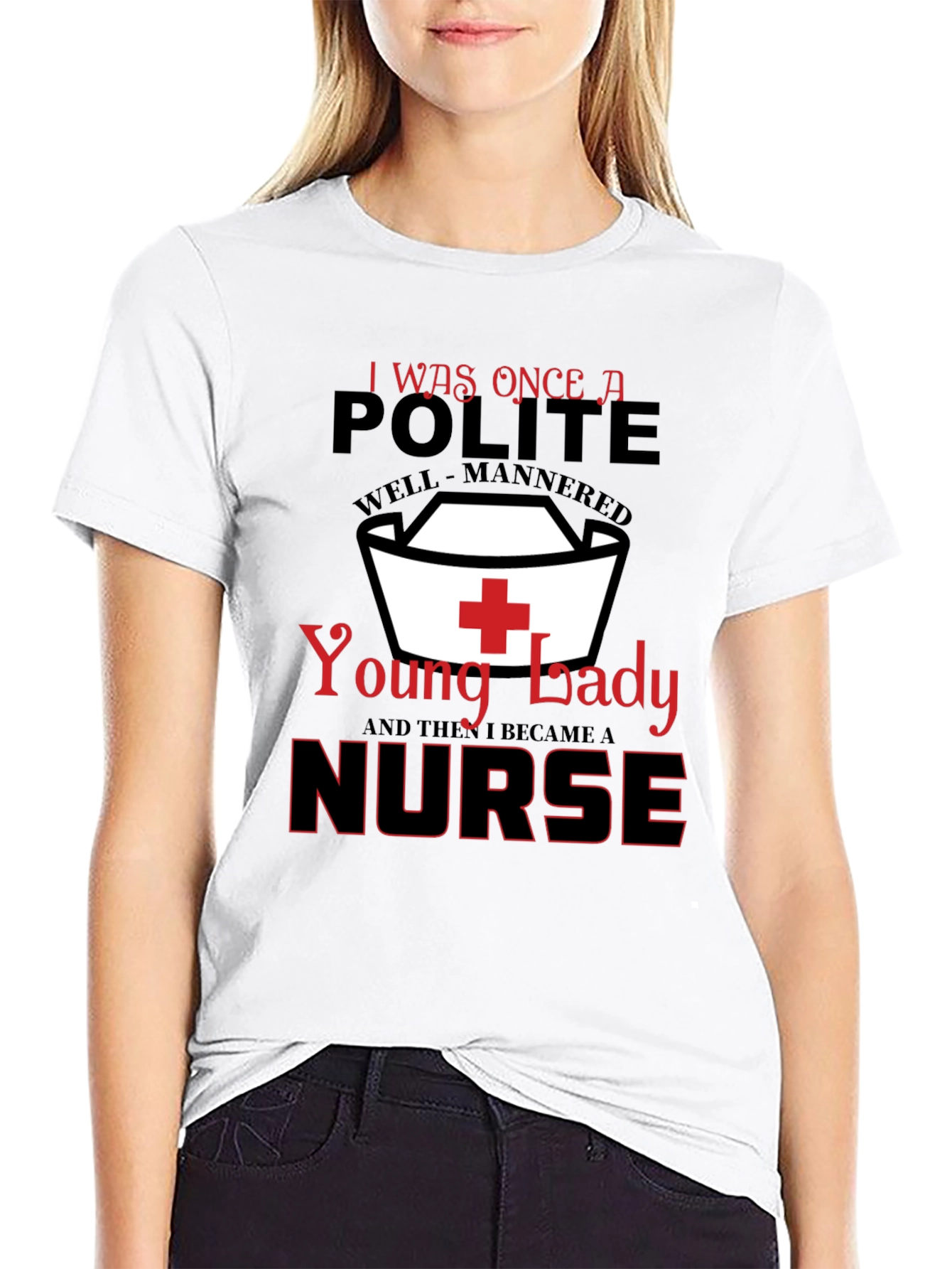 Black Funny Nurse T-Shirt: Polite Young Lady view 9