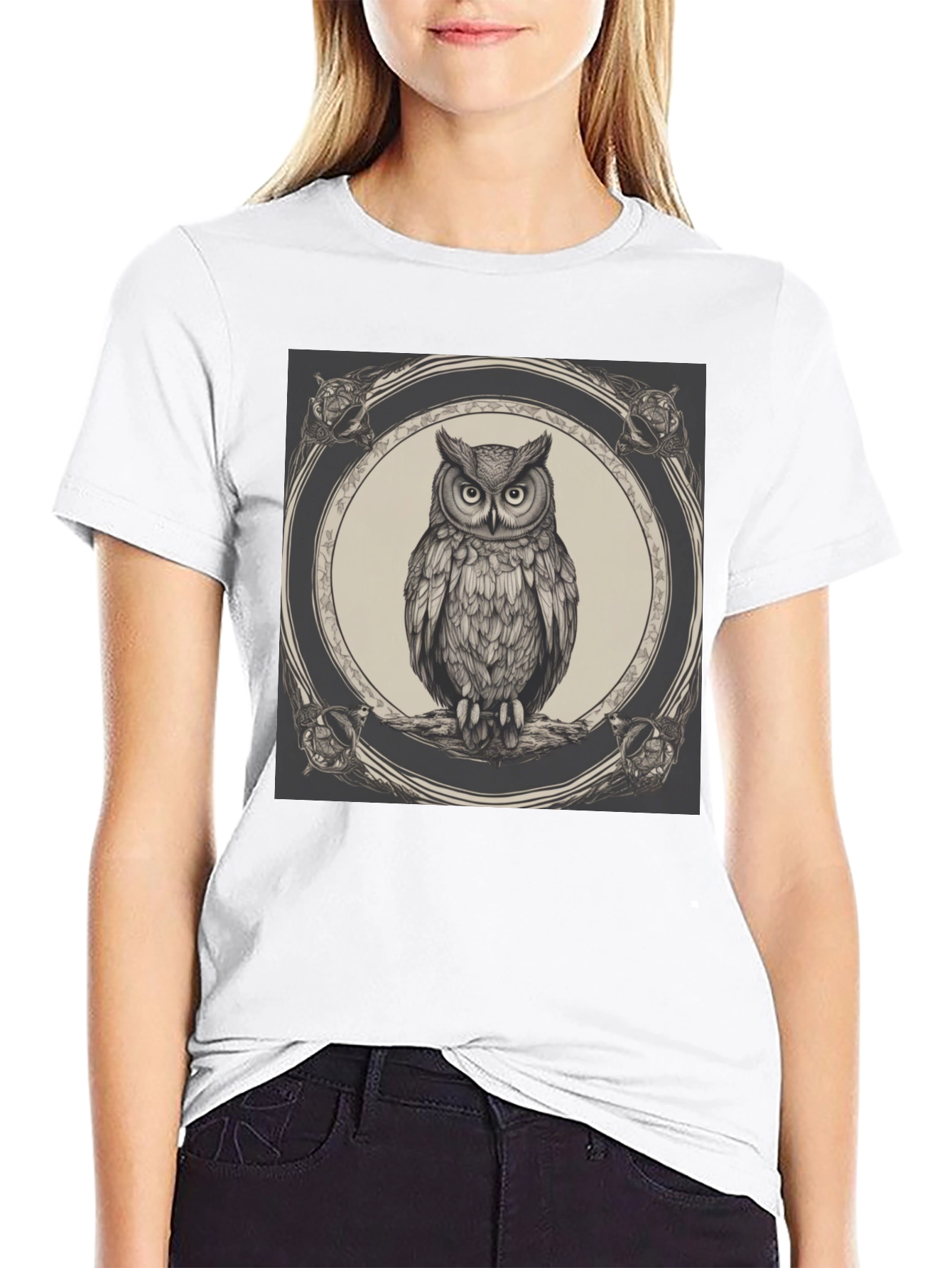 Black Owl Graphic Print Black Crew Neck T-Shirt view 9