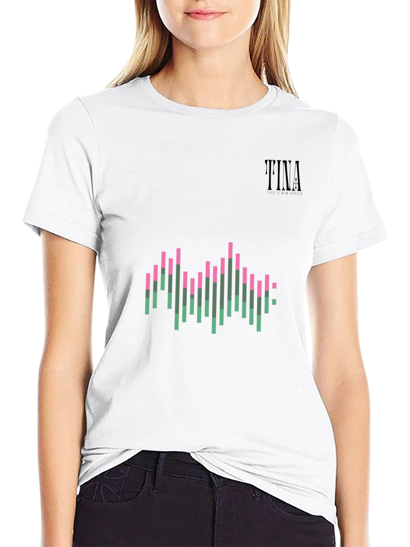 Black Stylish Black Graphic Tee: Pink & Green Wave Design view 9
