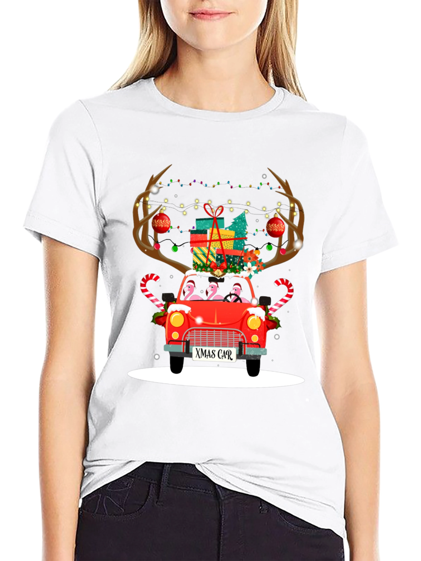 Black Festive Flamingo Xmas Car T-Shirt view 9