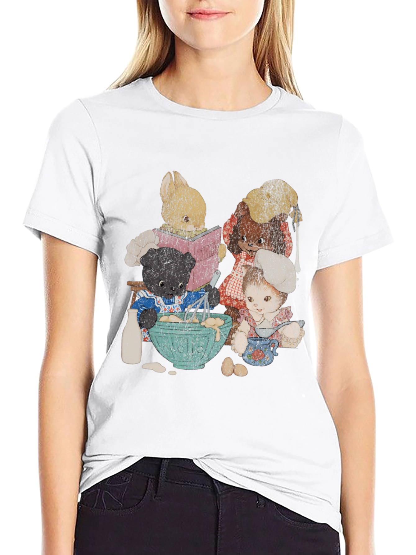 Black Retro Cartoon Animal Baking Crew Graphic Tee view 9