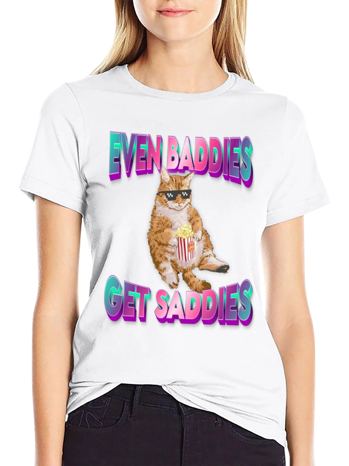 Black Even Baddies Get Saddies T-Shirt - Cat with Popcorn view 9