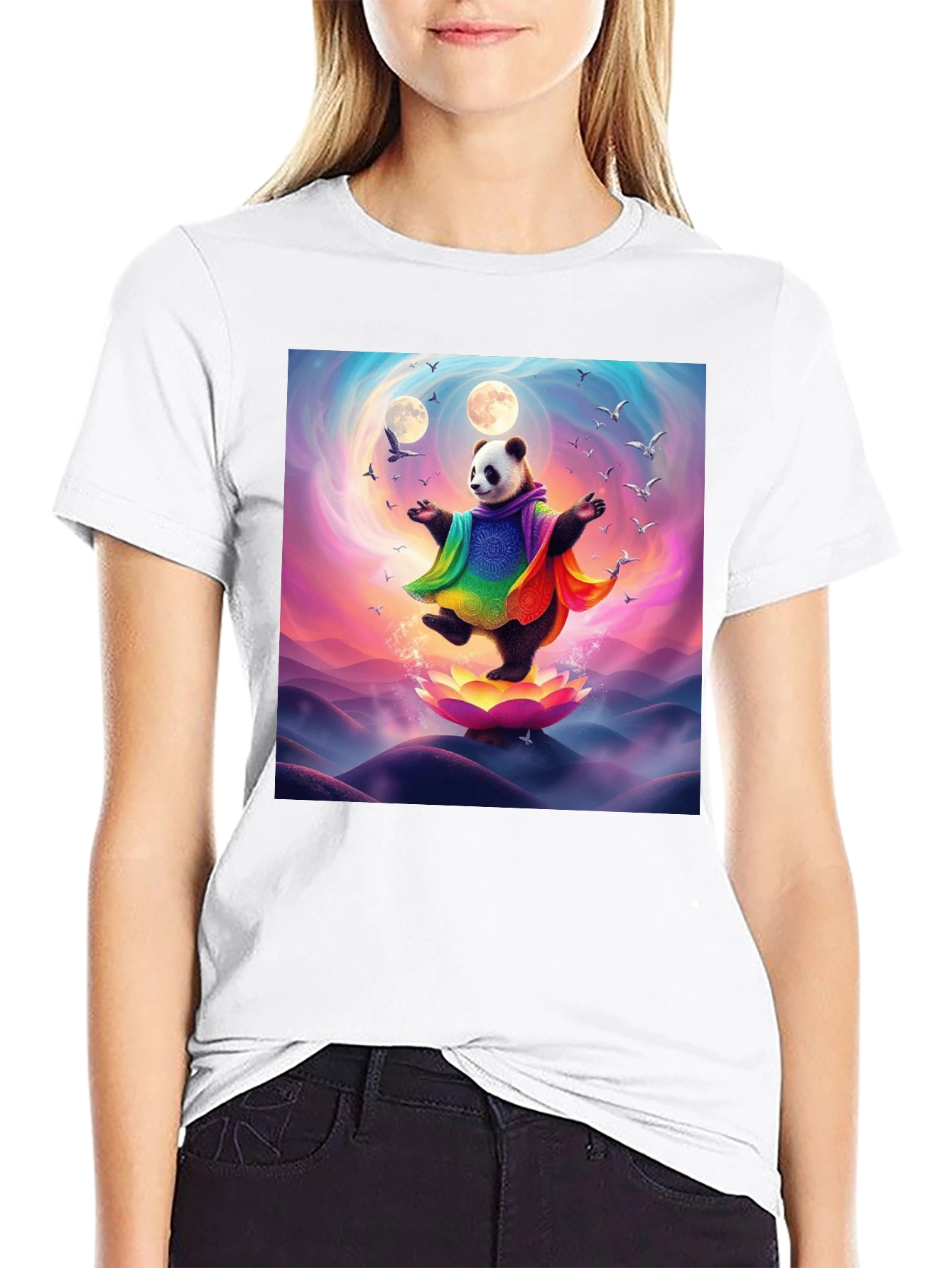 Black Zen Panda T-Shirt - Colorful Meditation Design view 9