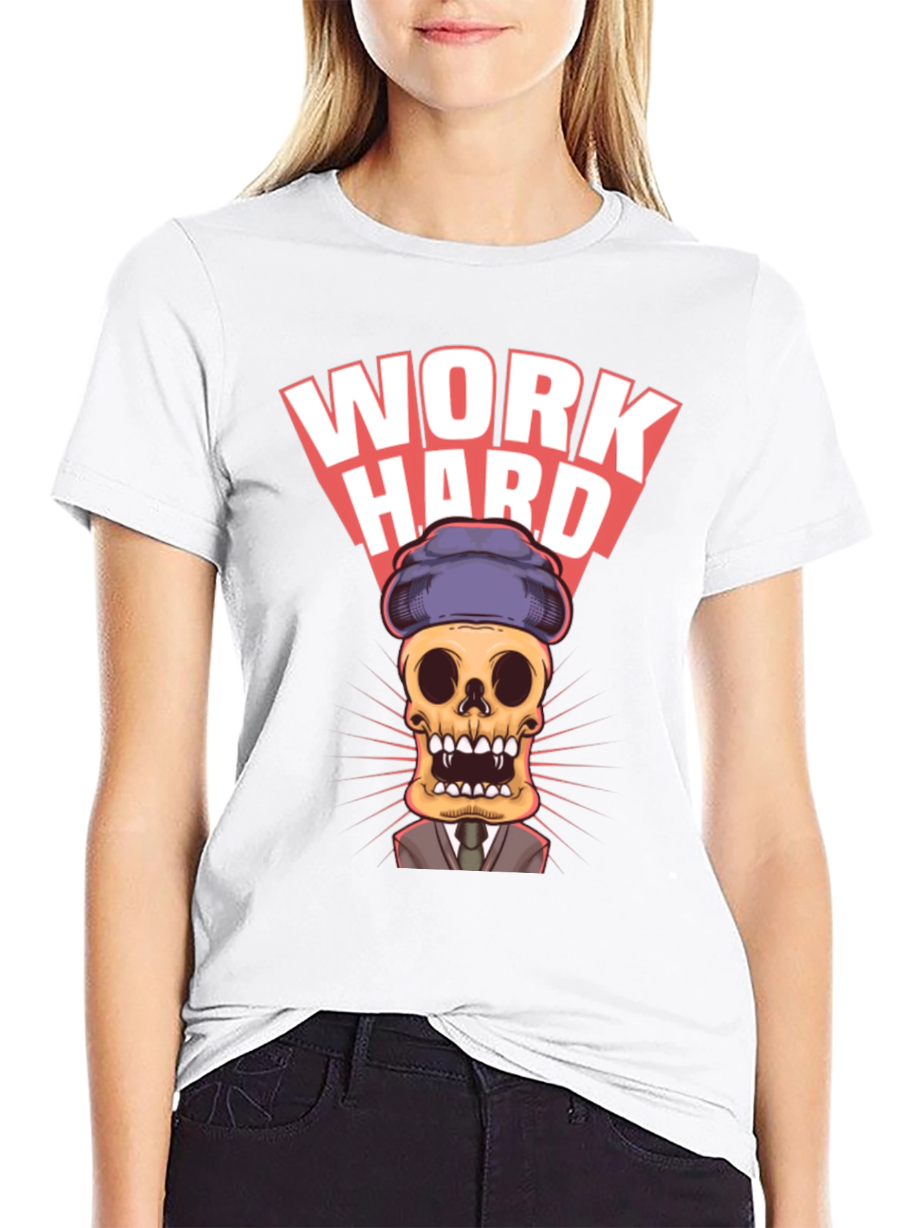 Black Work Hard Skull Graphic Tee - Premium Cotton Blend view 9