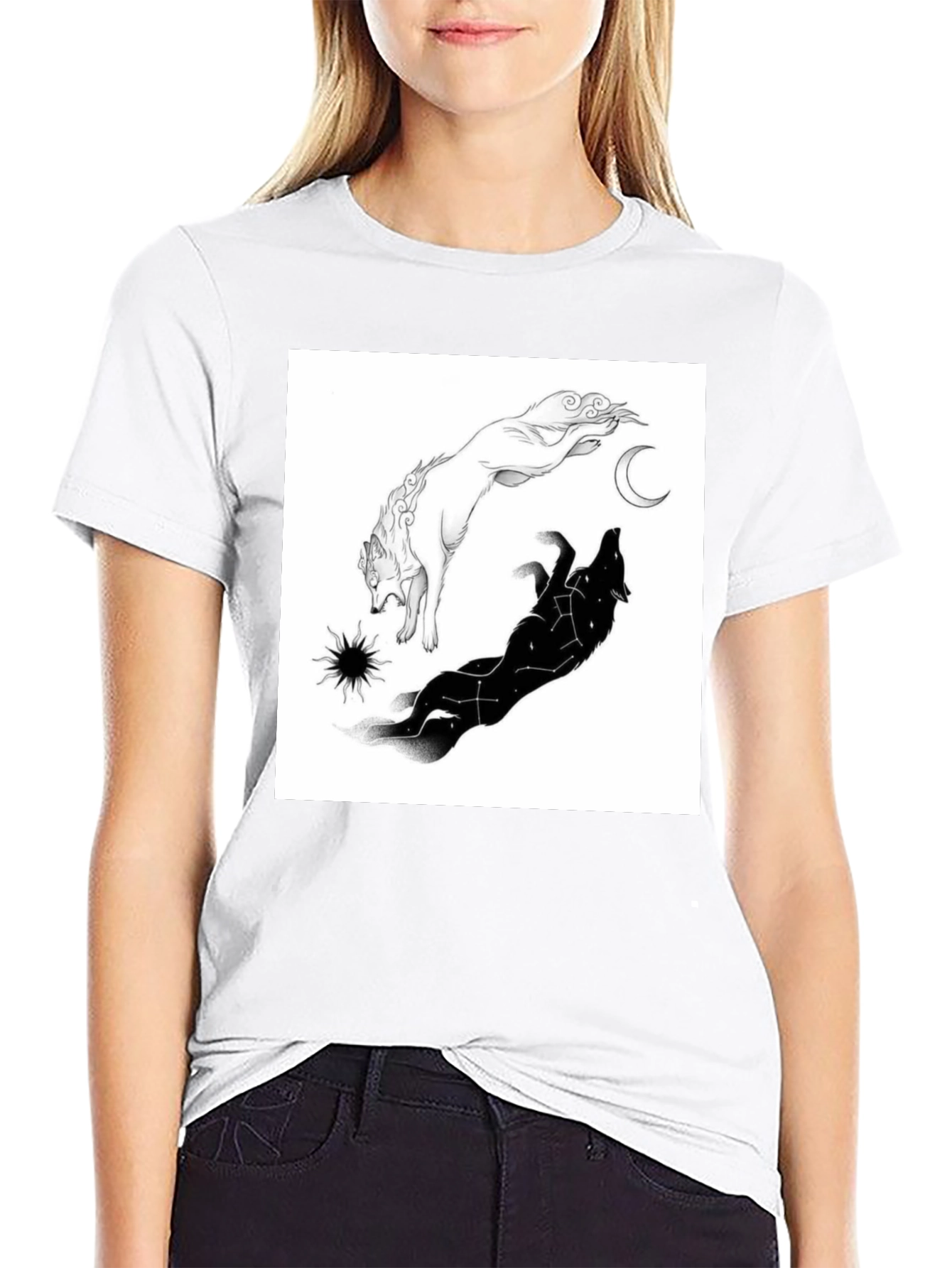 Black Yin Yang Wolf Graphic T-Shirt - Celestial Design view 9
