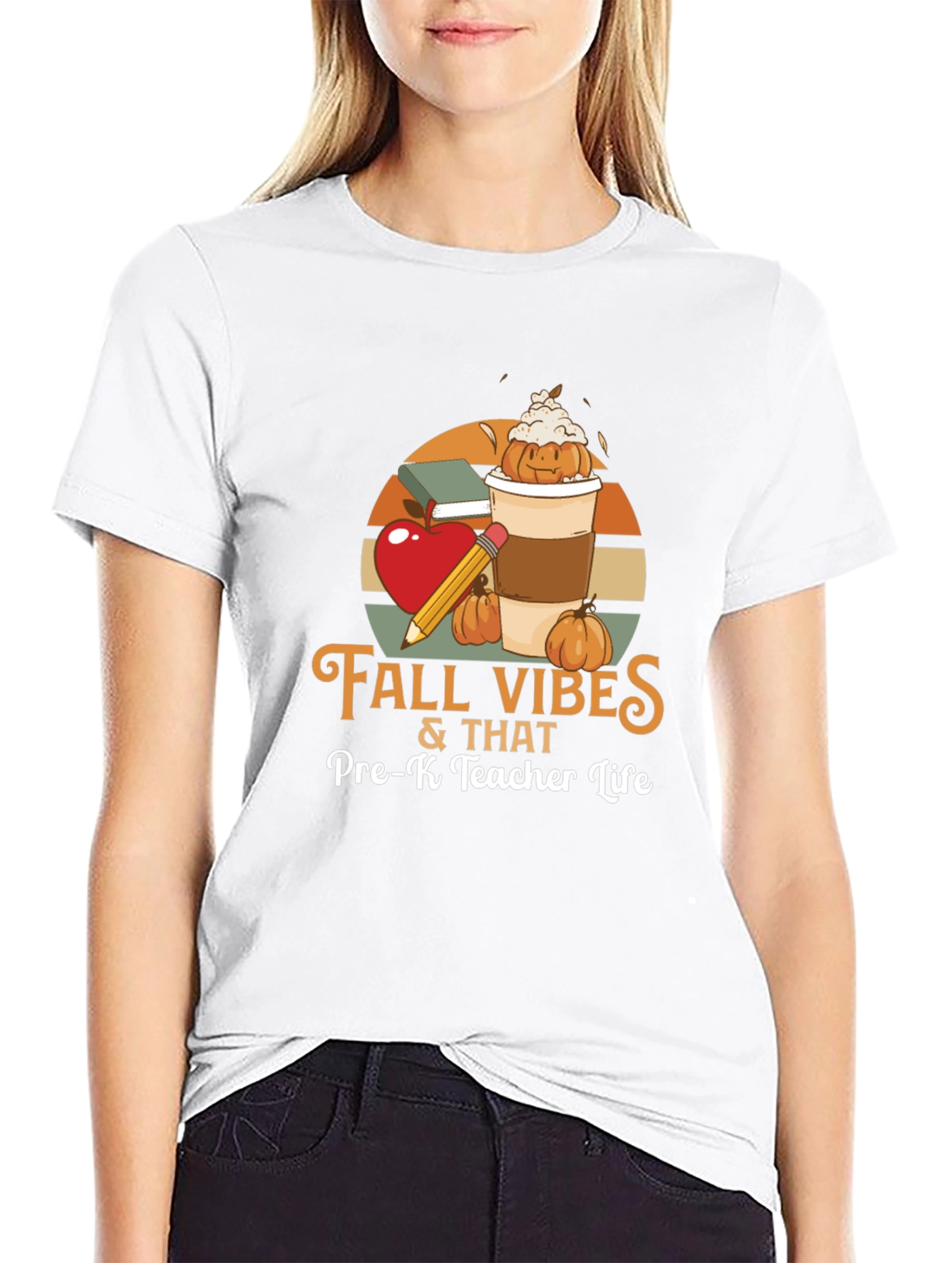 Black Fall Vibes Pre-K Teacher Life T-Shirt view 9