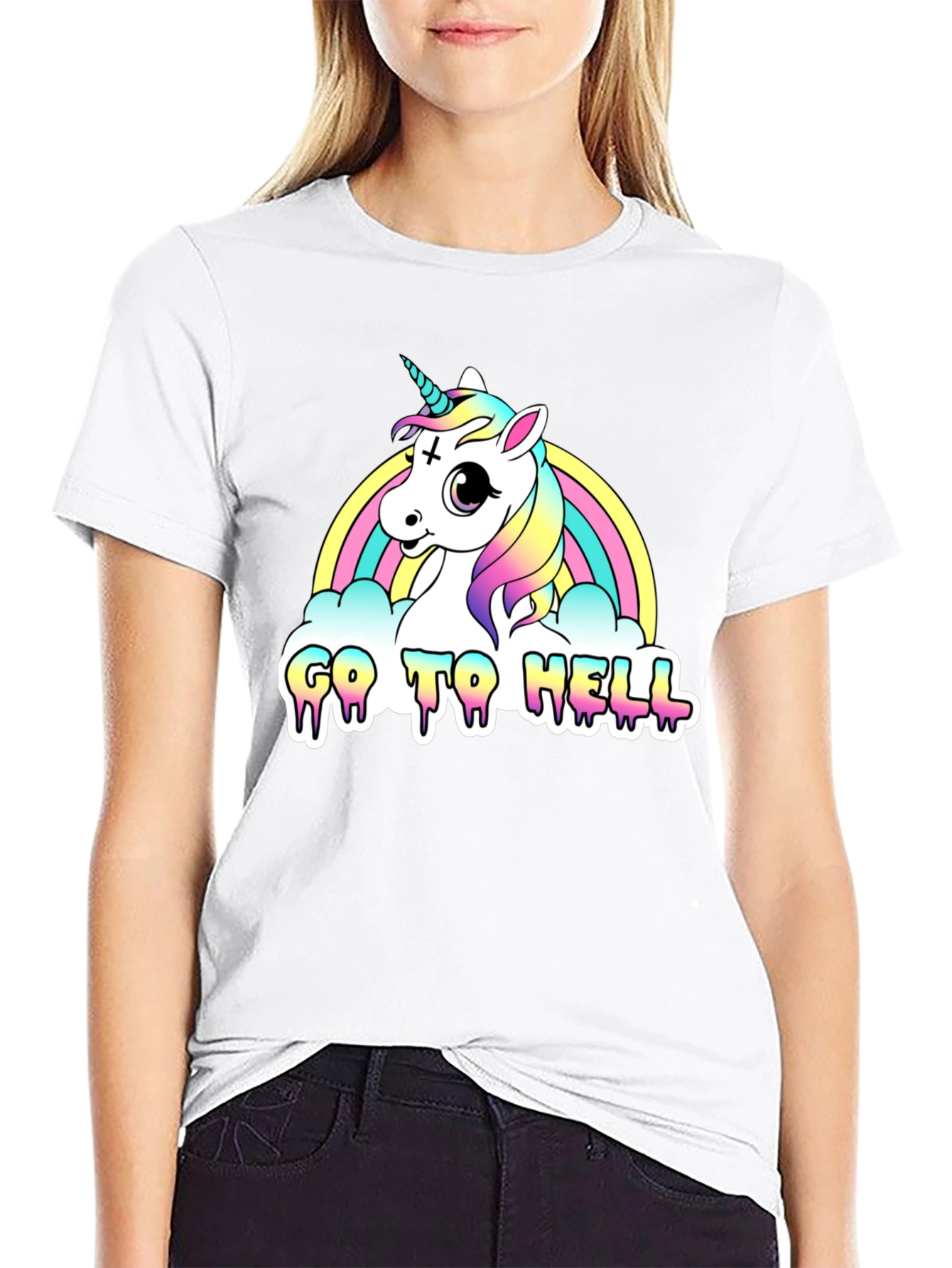 Black Unicorn Rainbow "Go To Hell" Black Graphic Tee view 9