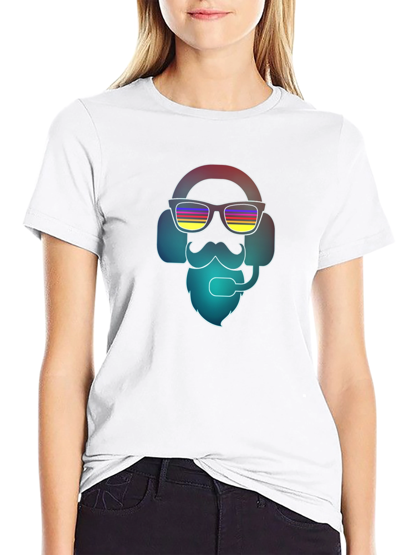 Black Cool Retro Gamer T-Shirt - Bearded Headphone Design view 9