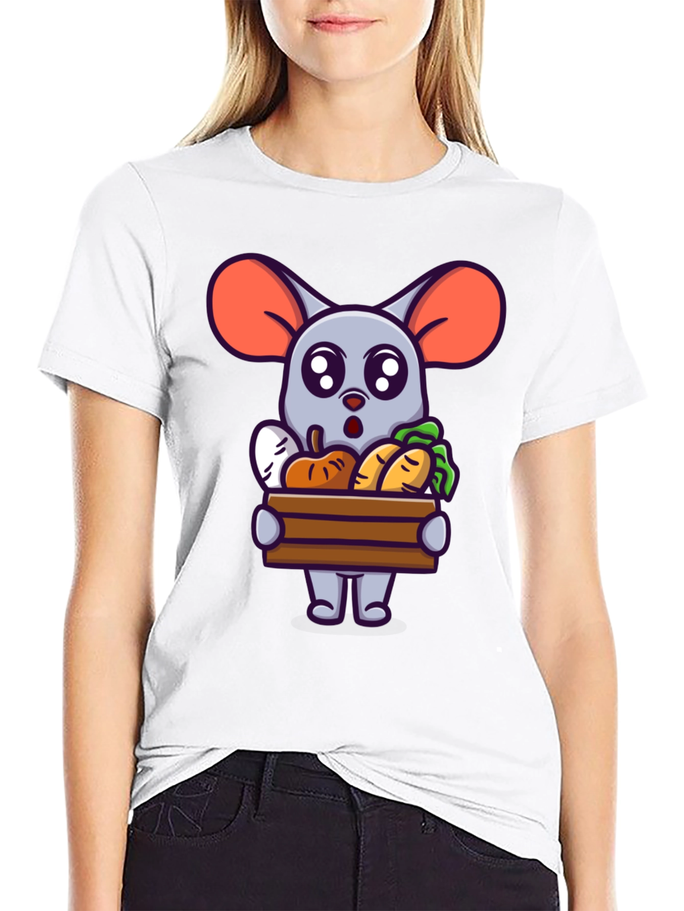 Black Cute Cartoon Mouse with Veggies T-Shirt view 9