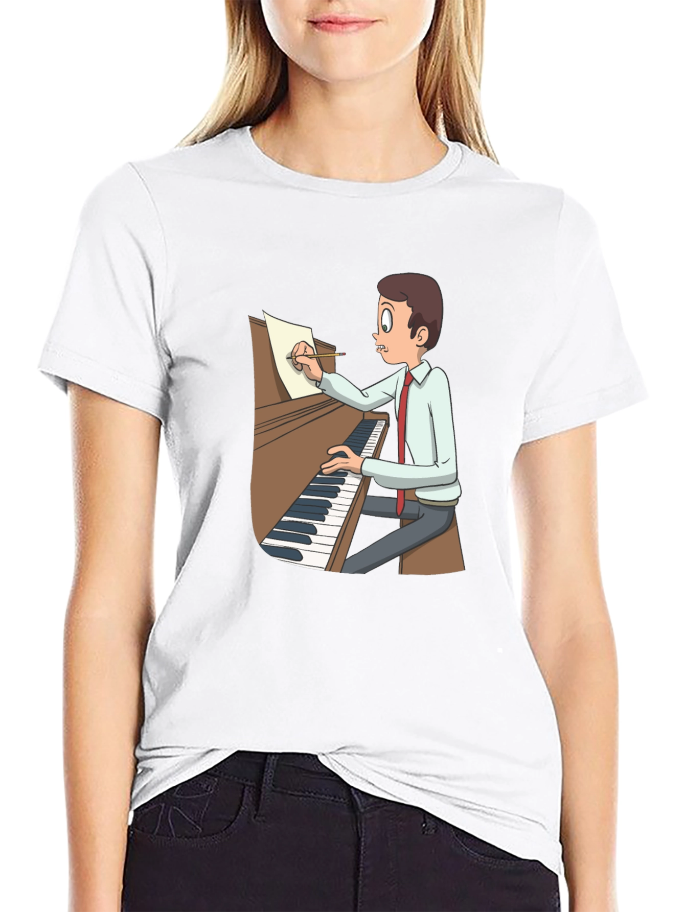 Black Cartoon Pianist T-Shirt - Music Lover Tee view 9