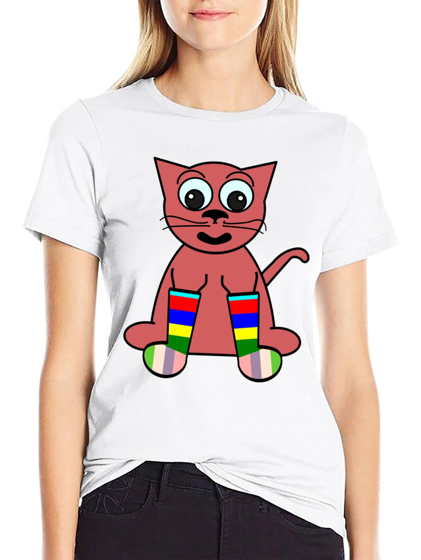 Black Cartoon Cat Rainbow Socks Black T-Shirt view 9