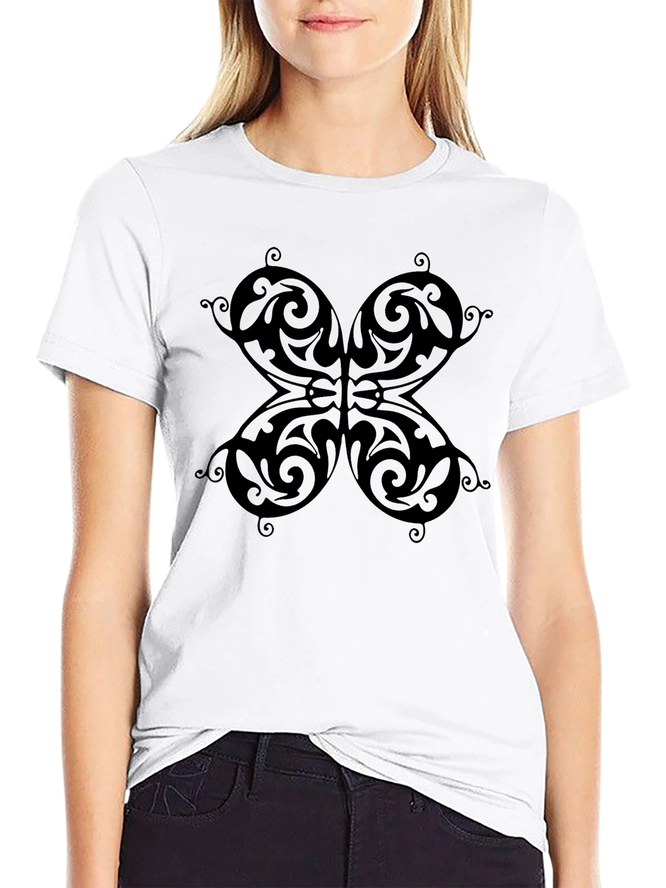 Black Butterfly Patterned Black T-Shirt view 9