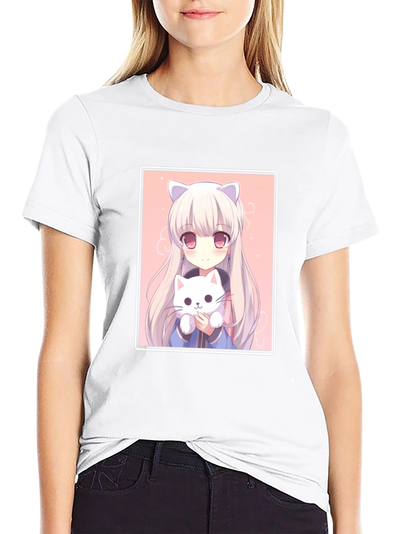 Black Anime Cat Girl T-Shirt - Soft Cotton Blend view 9