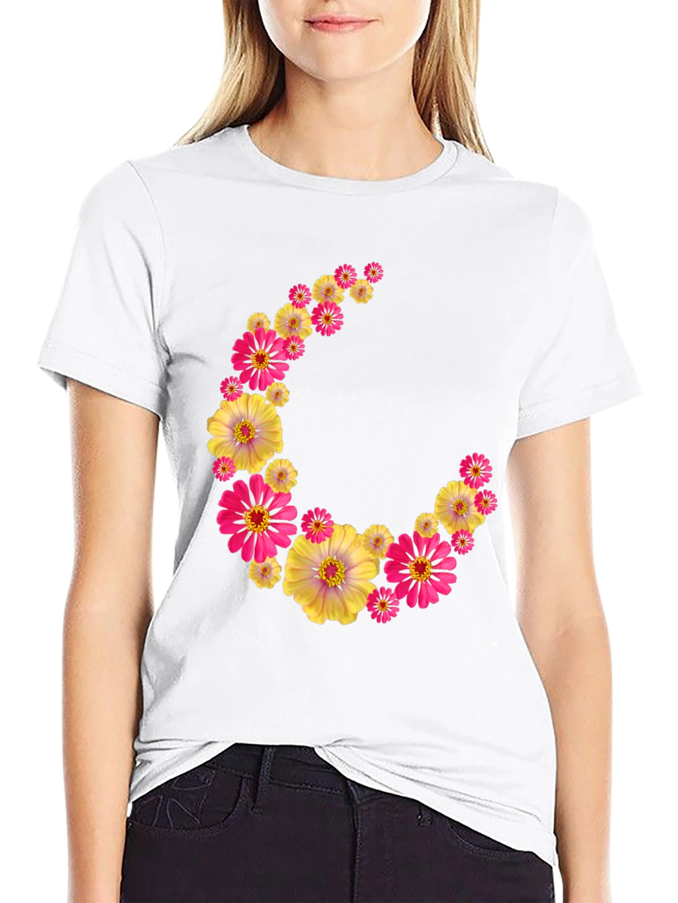 Black Floral Crescent Moon Black T-Shirt view 9