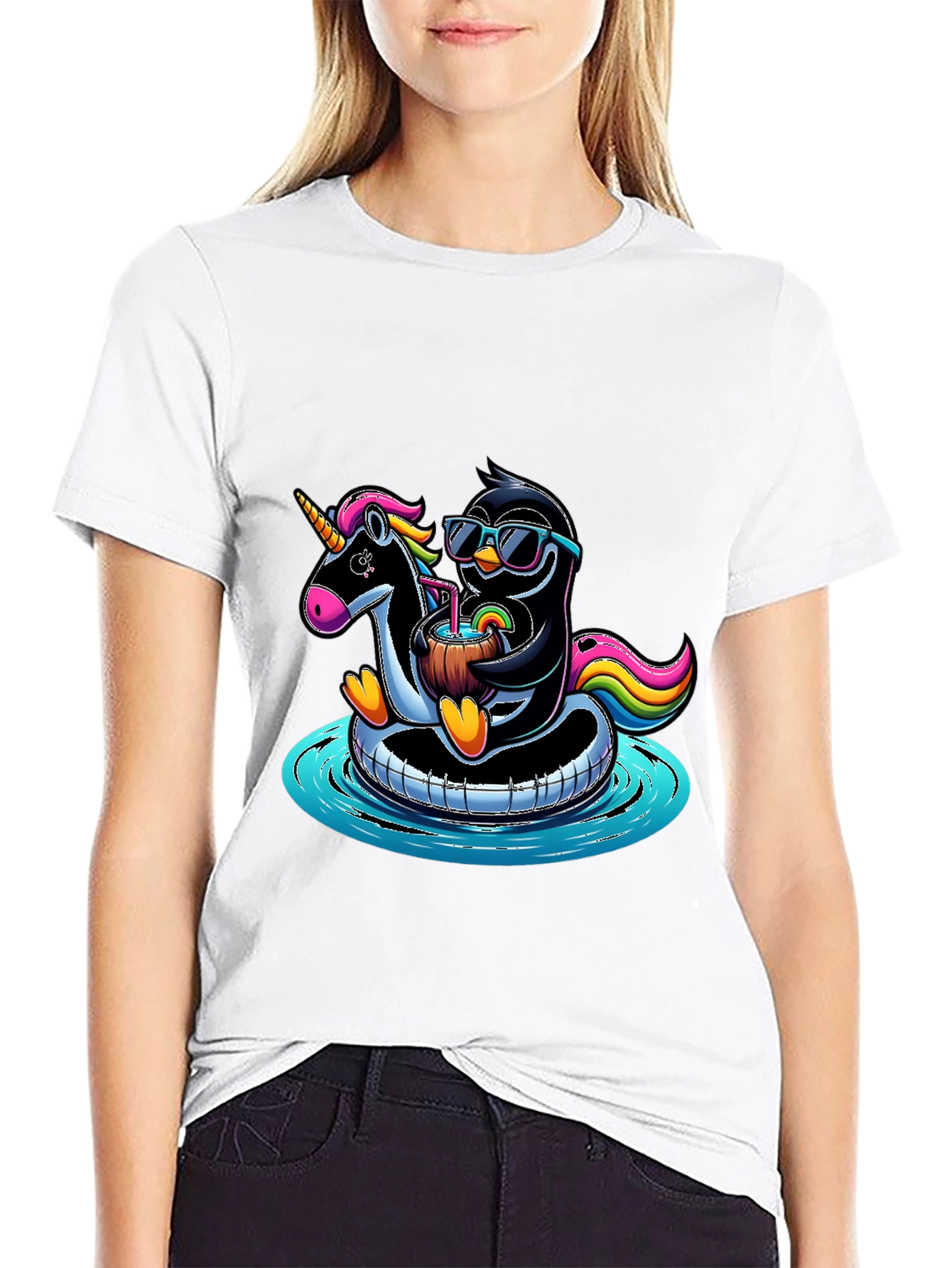 Black Penguin & Unicorn Pool Party Graphic Tee view 9