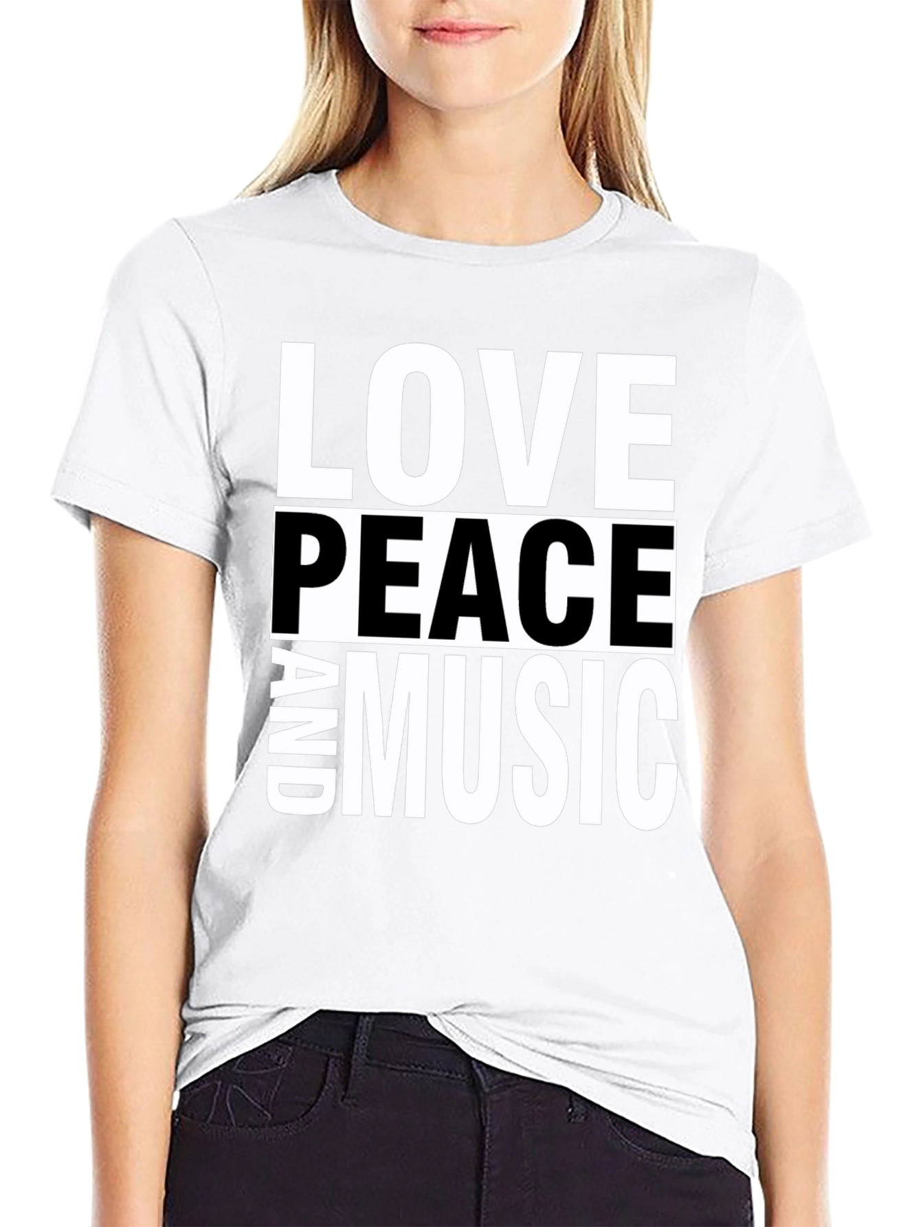 Black Love Peace and Music Black Graphic T-Shirt view 9