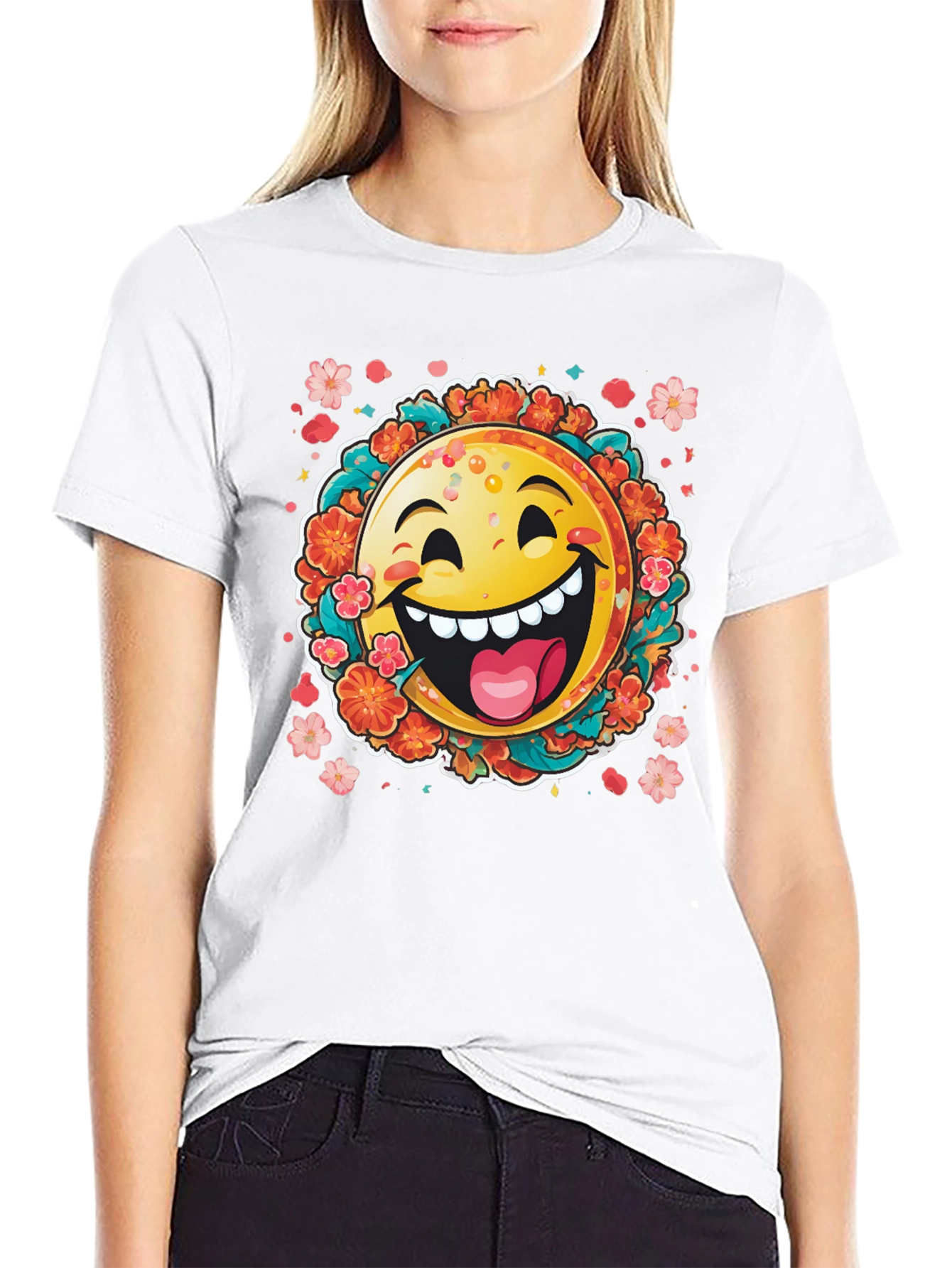 Black Happy Emoji Graphic T-Shirt - Fun Floral Design view 9