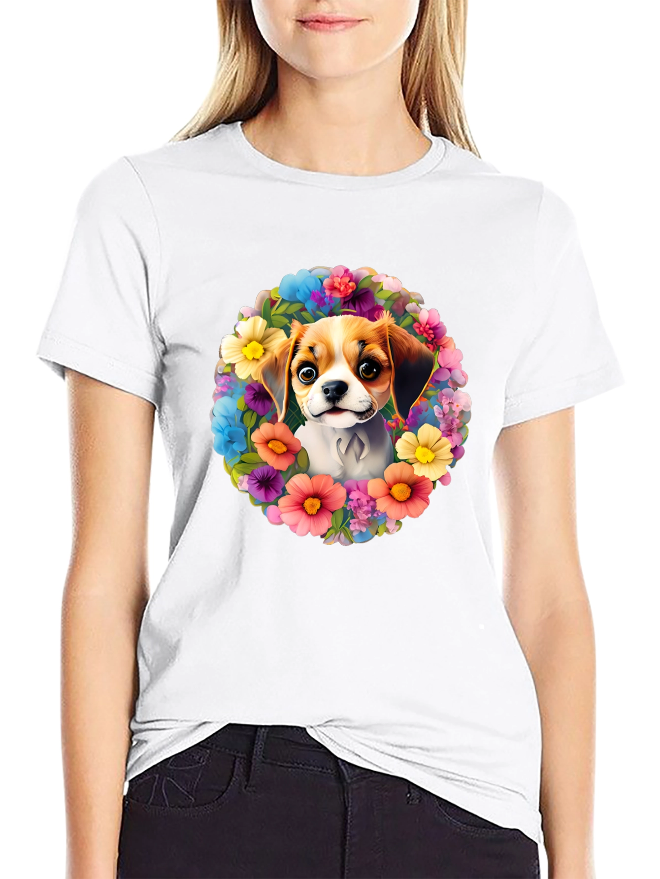 Black Dog Surrounded By Flowers T-shirt view 9