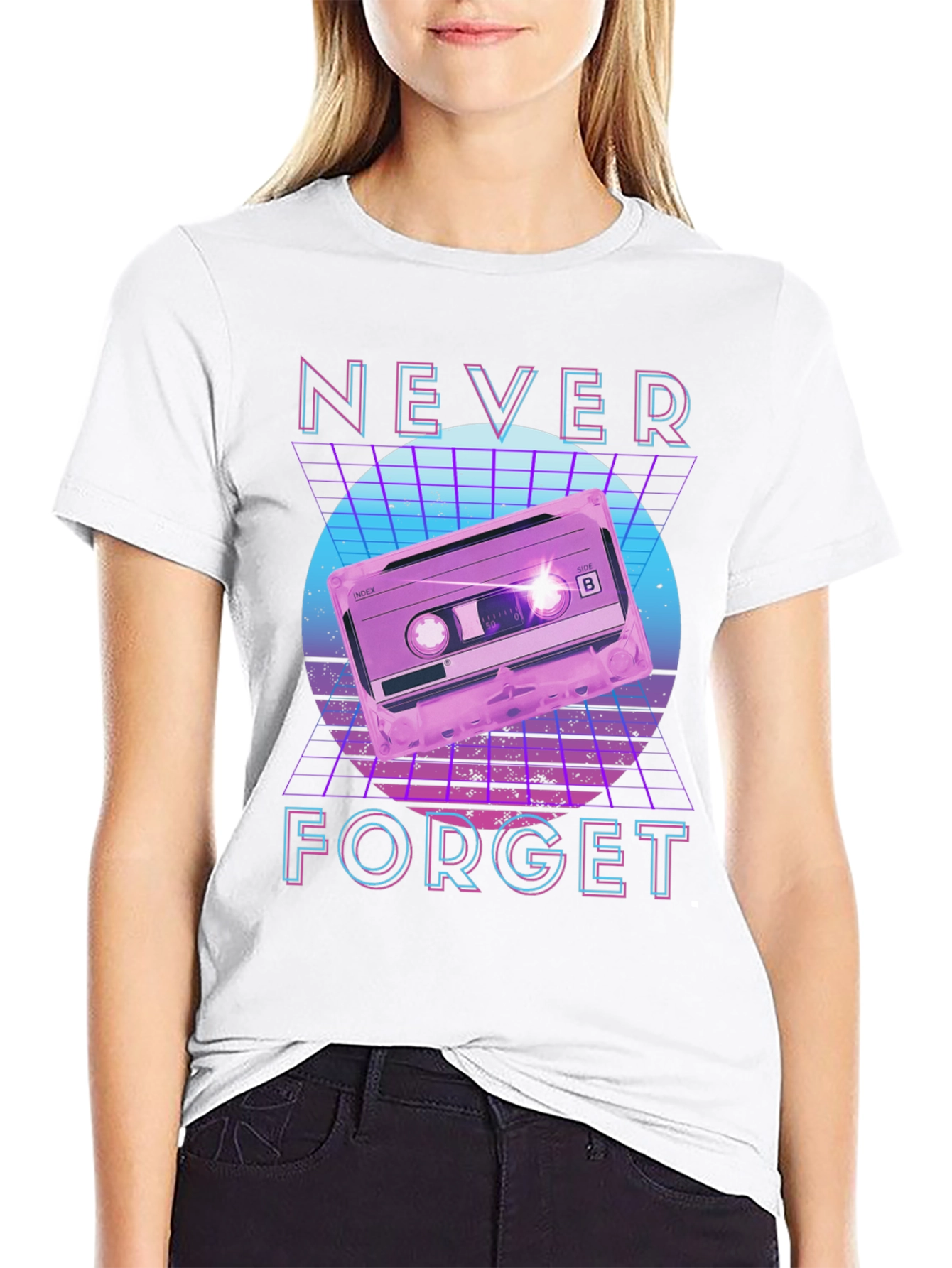 Black Retro 80s Cassette Tape Never Forget Graphic Tee view 9