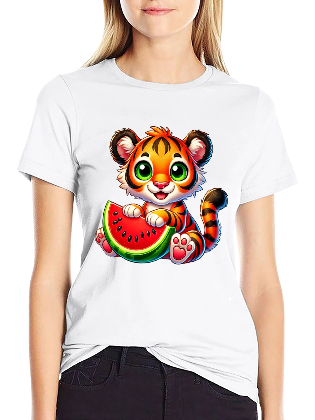 Black Cute Tiger Watermelon Graphic Tee - Fun Summer Style view 9