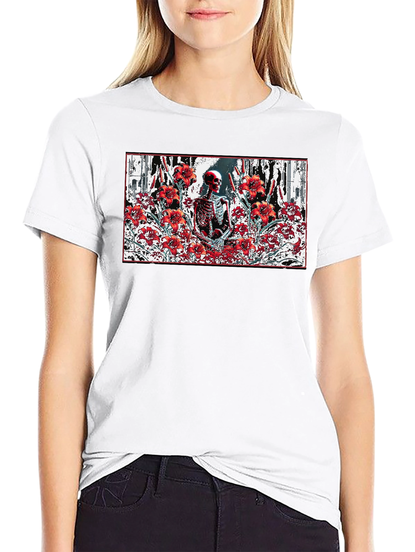 Black Skeleton in Floral T-Shirt - Gothic Style view 9