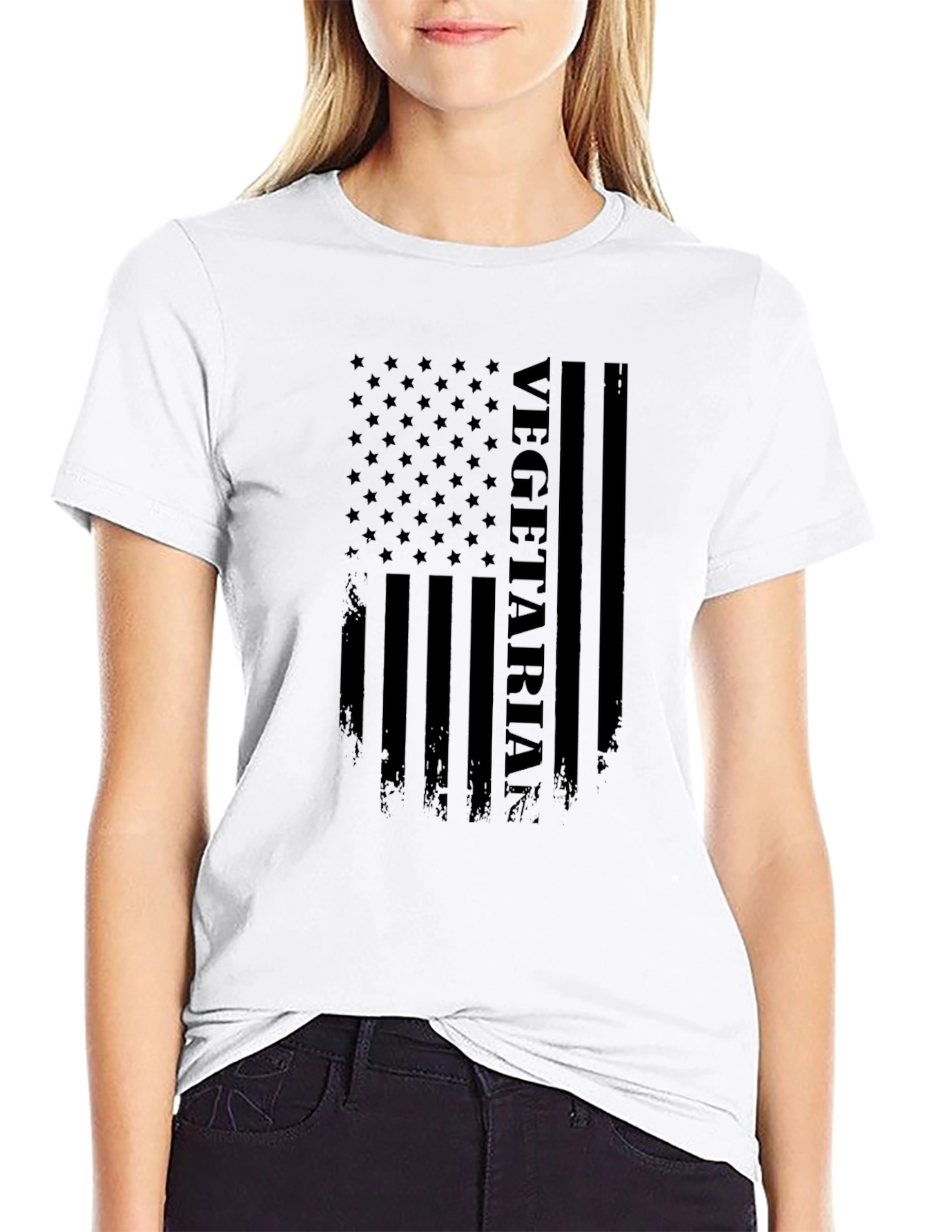 Black Vegetarian American Flag Graphic T-Shirt - Black view 9