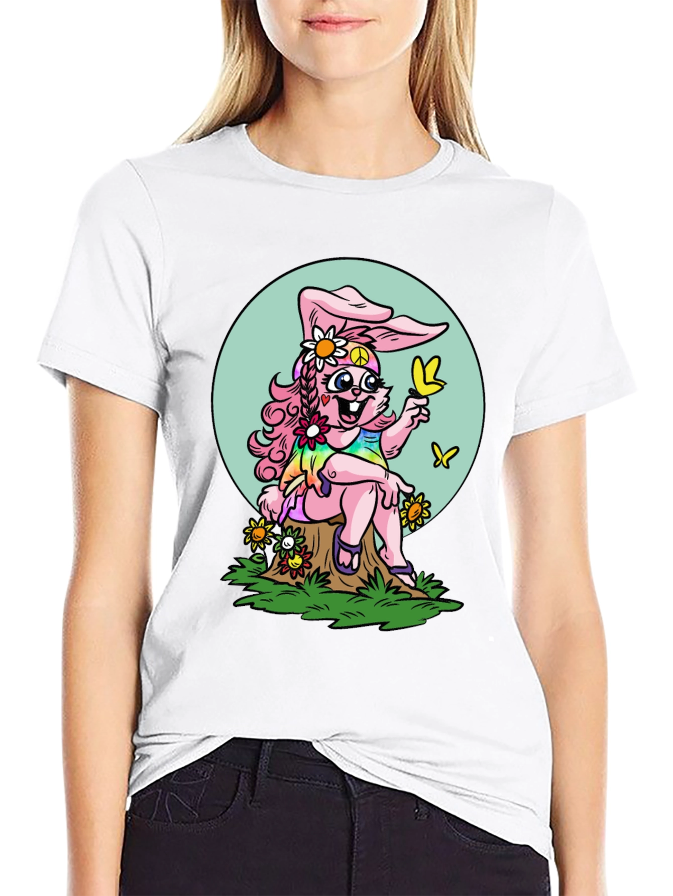 Black Hippie Bunny Graphic Tee - Peace, Love & Butterflies view 9