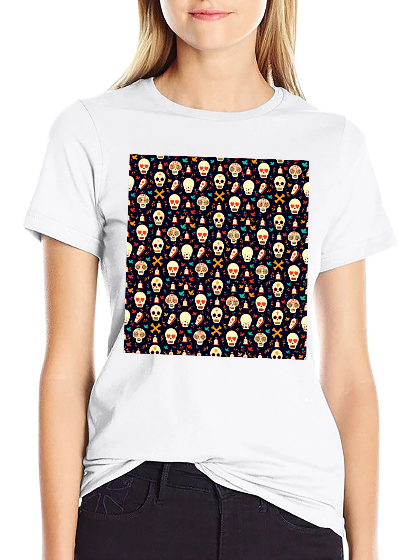 Black Day of the Dead Skull Pattern Black T-Shirt view 9
