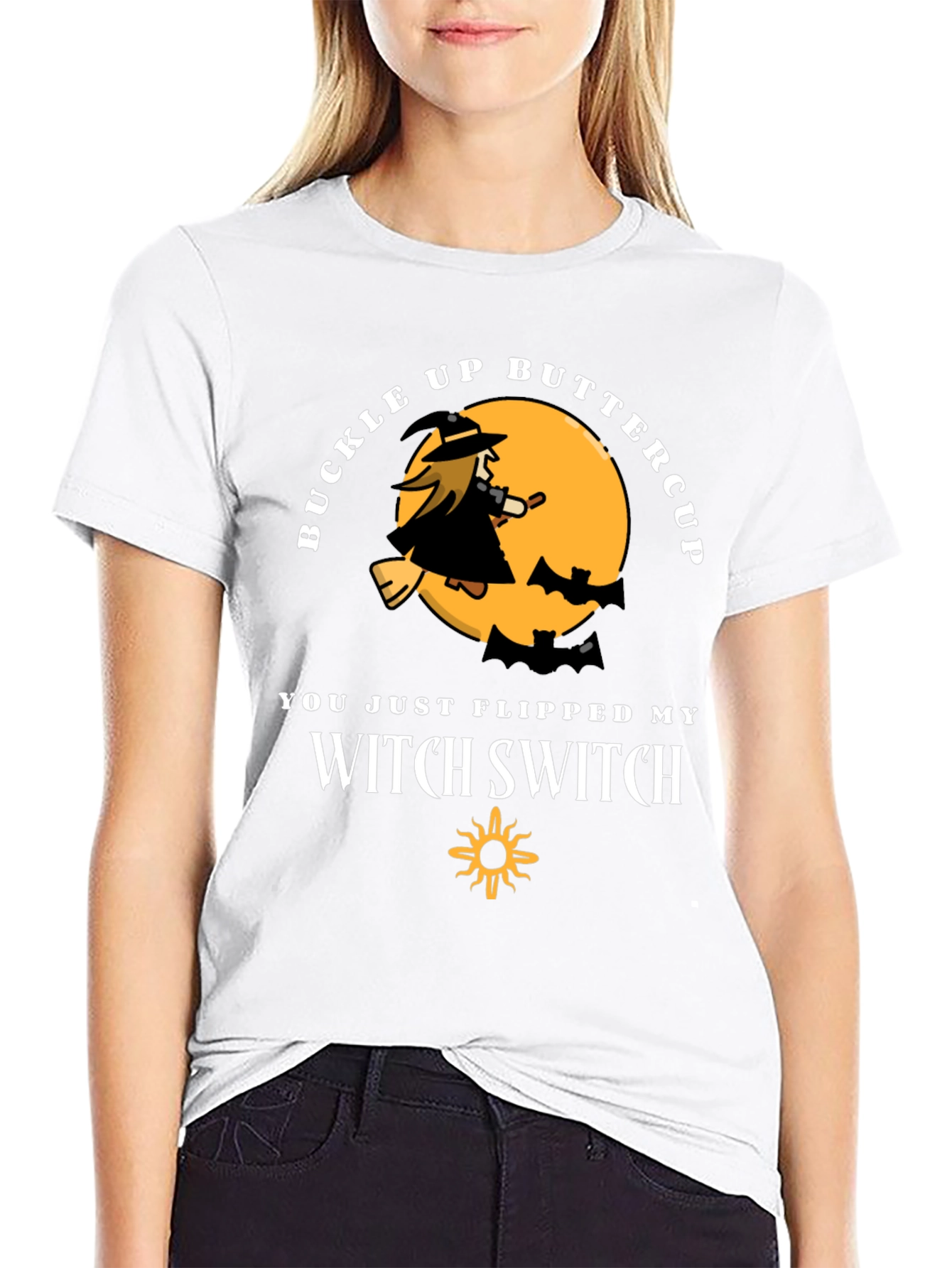 Black Buckle Up Buttercup Witch T-Shirt view 9