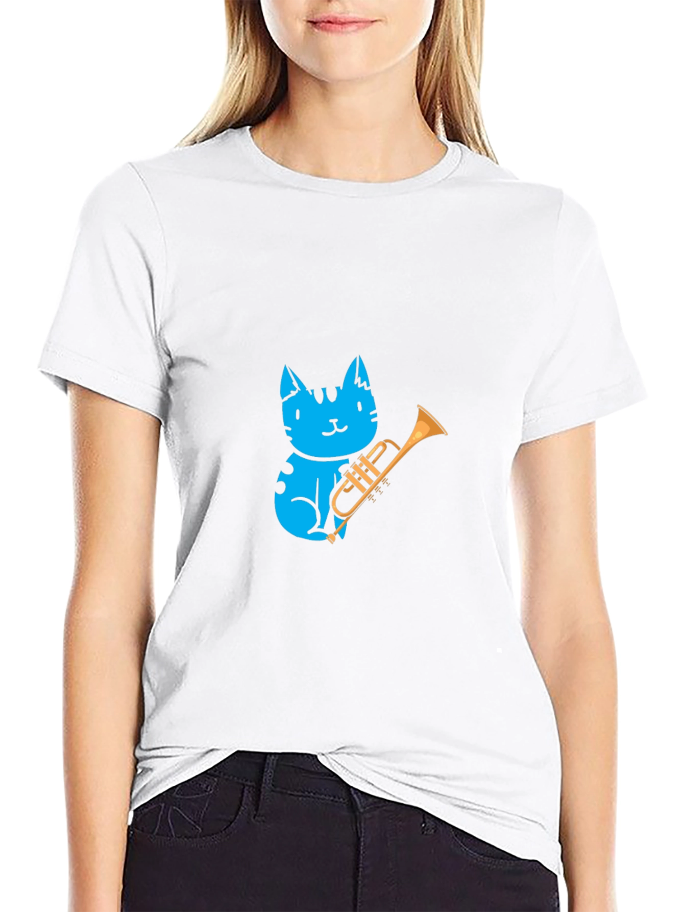 Black Blue Cat Trumpet Player Graphic Tee view 9